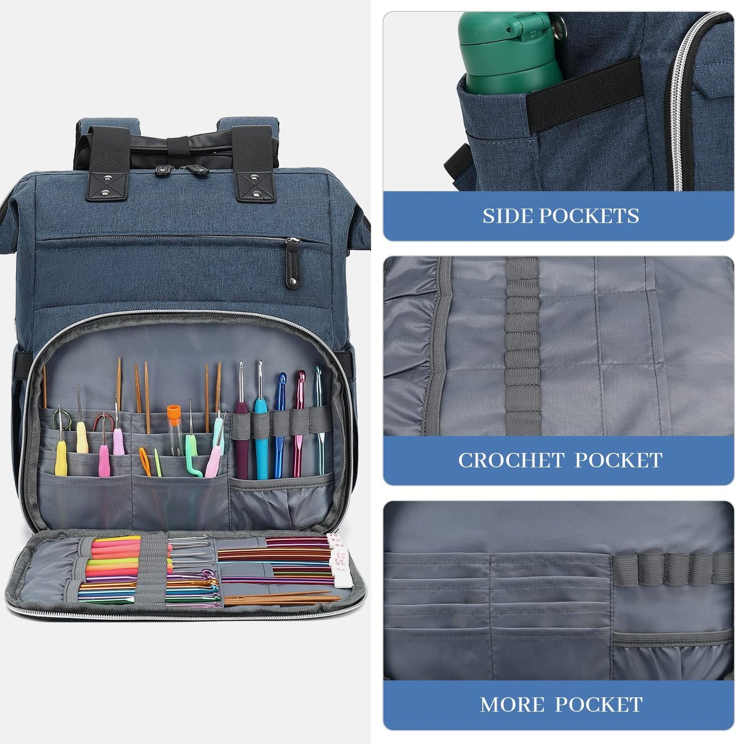 Crochet Backpack,Knitting Bag Backpack Yarn Storage Organizer Travel Crochet Bag with USB Charging Port,Large Yarn Tote Bag Yarn Holder Case for Knitting Needles,Crochet Hooks,Crochet Accessories,Blue