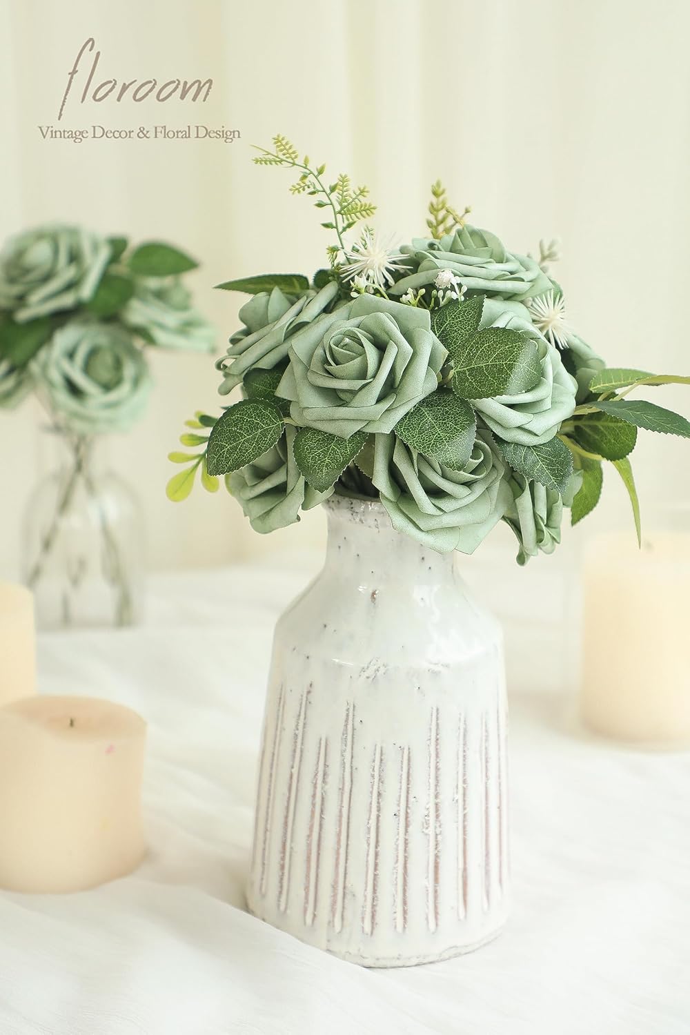 Floroom Artificial Flowers 25pcs Real Looking Forest Green Ombre Colors Foam Fake Roses with Stems for DIY Wedding Bouquets Bridal Shower Centerpieces Sage Green Floral Arrangements Decorations