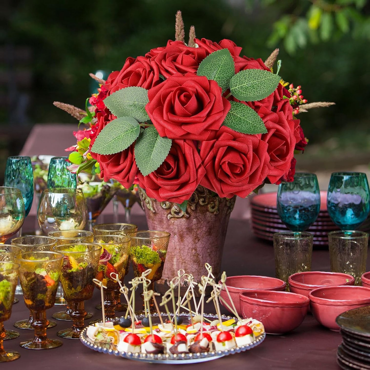 AmyHomie 25pcs Real Looking Artificial Red Roses w/Stem for DIY Wedding Bouquets Centerpieces Arrangements Party Baby Shower Home Decorations