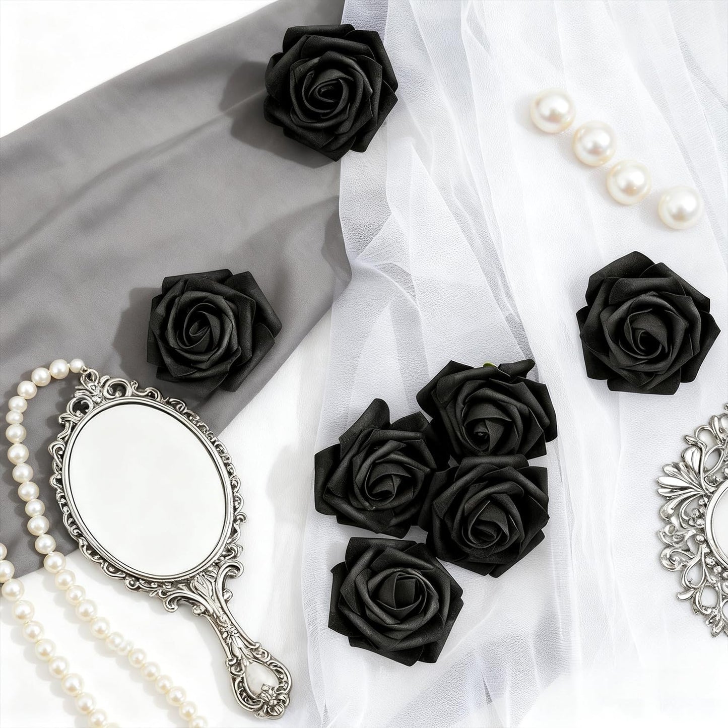 Artificial Flowers Foam Fake Roses 25pcs Black Roses with Stems for Home Decor DIY Wedding Bouquets Party Bridal Shower Centerpieces Faux Flower Arrangements Tables Decorations