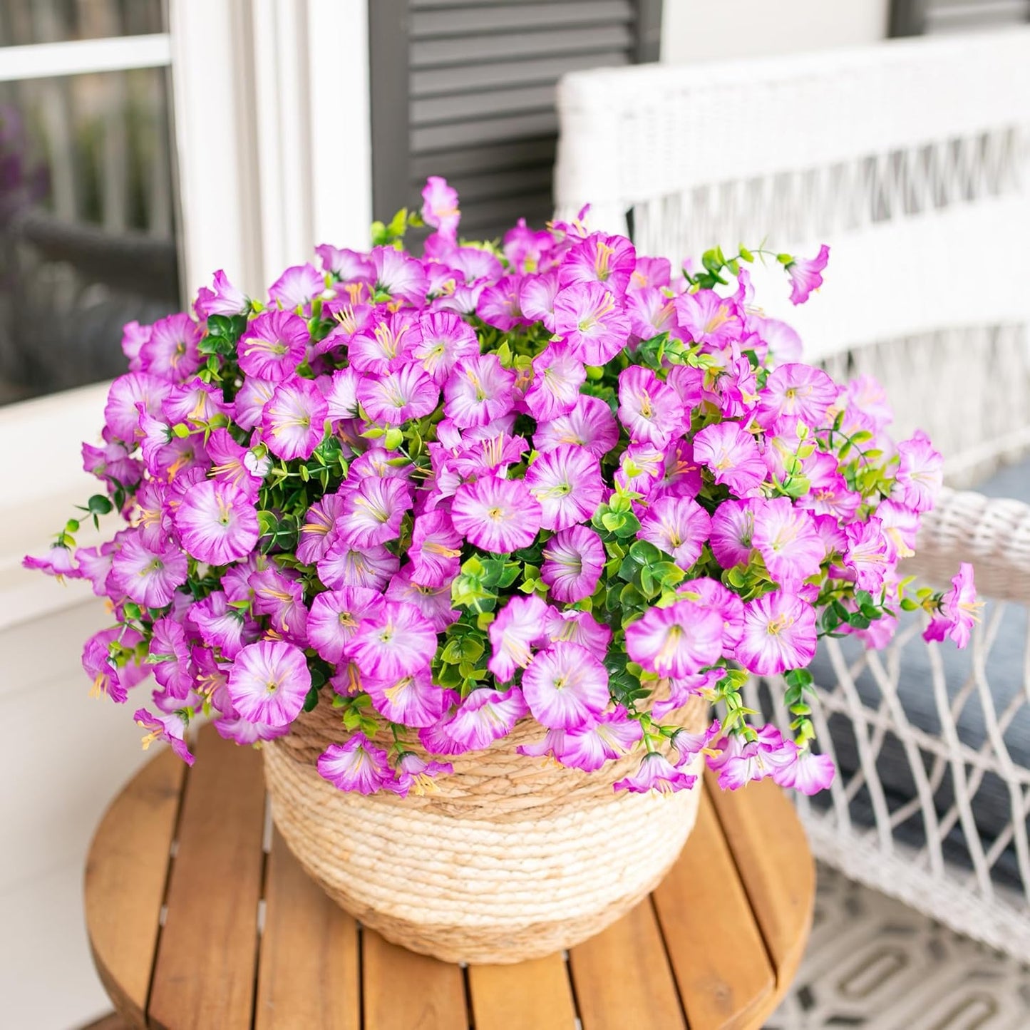 Artificial Flowers Fake Plants for Outdoors Decoration, 12 Bundles Purple Silk Morning Glory with Eucalyptus Realistic UV Resistant Faux Flowers Greenery for Outside Planter Yard Garden Home Indoor