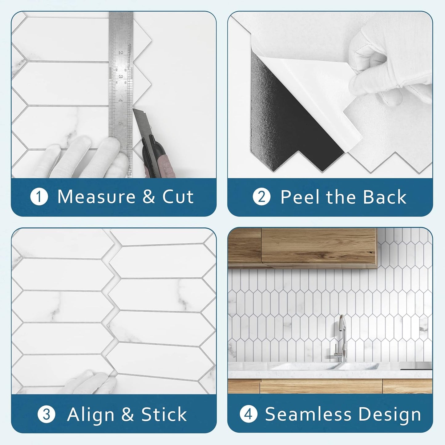 SUNWINGS Backsplash Tile for Kitchen Peel and Stick, Stone Composite Self Adhesive Tiles Faux Marble Pattern Long Hexagon Mosaic Wall Tile for Kitchen, 12 Inch x 11.22 Inch 10 Sheets White Marble