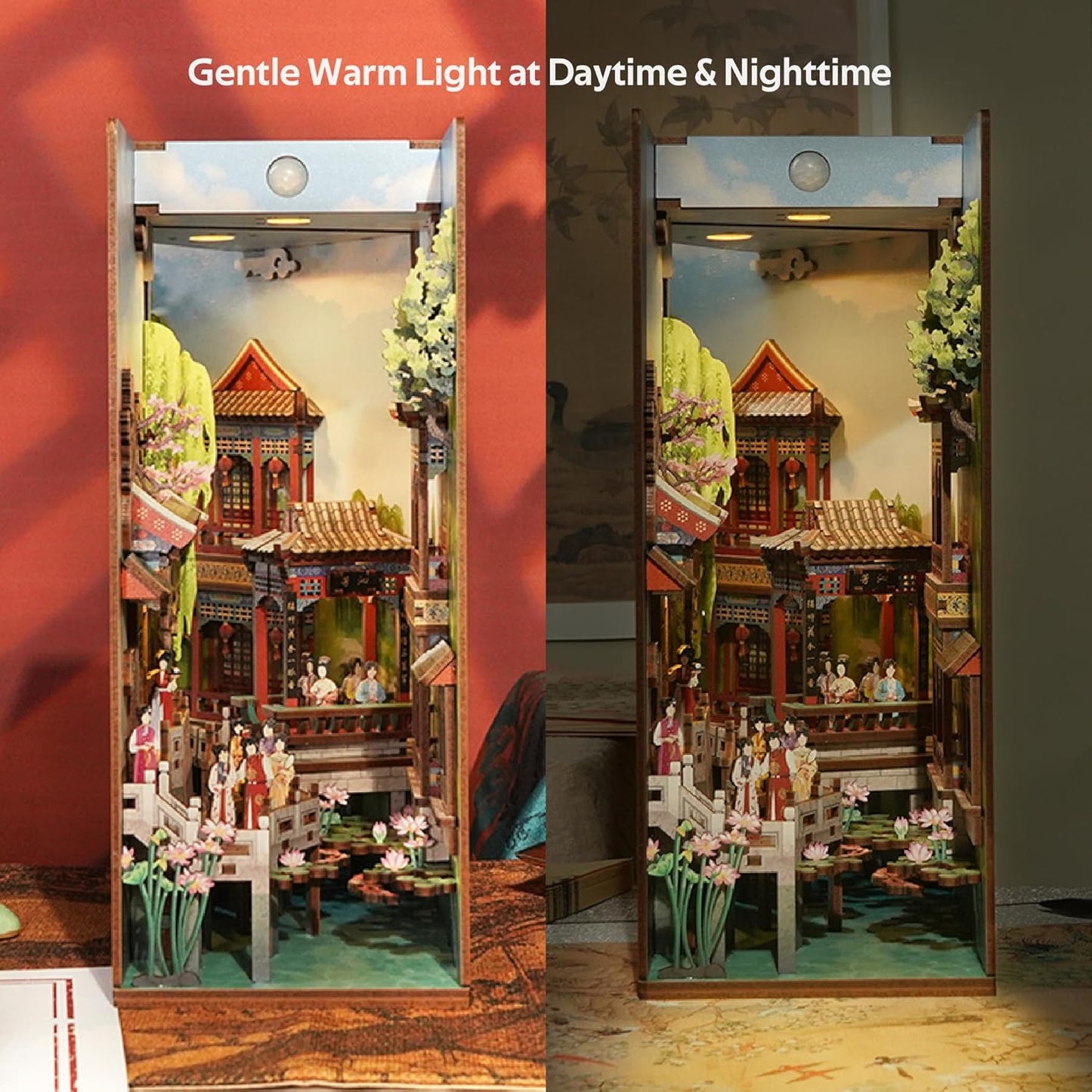 Tonecheer DIY Book Nook Kit for Adults, Wooden 3D Puzzle Bookend Bookshelf Insert Decor, Chinese Booknook Miniature House Kit with Dust Cover and Body Motion Sensor LED Light (Dream of Red Mansions)