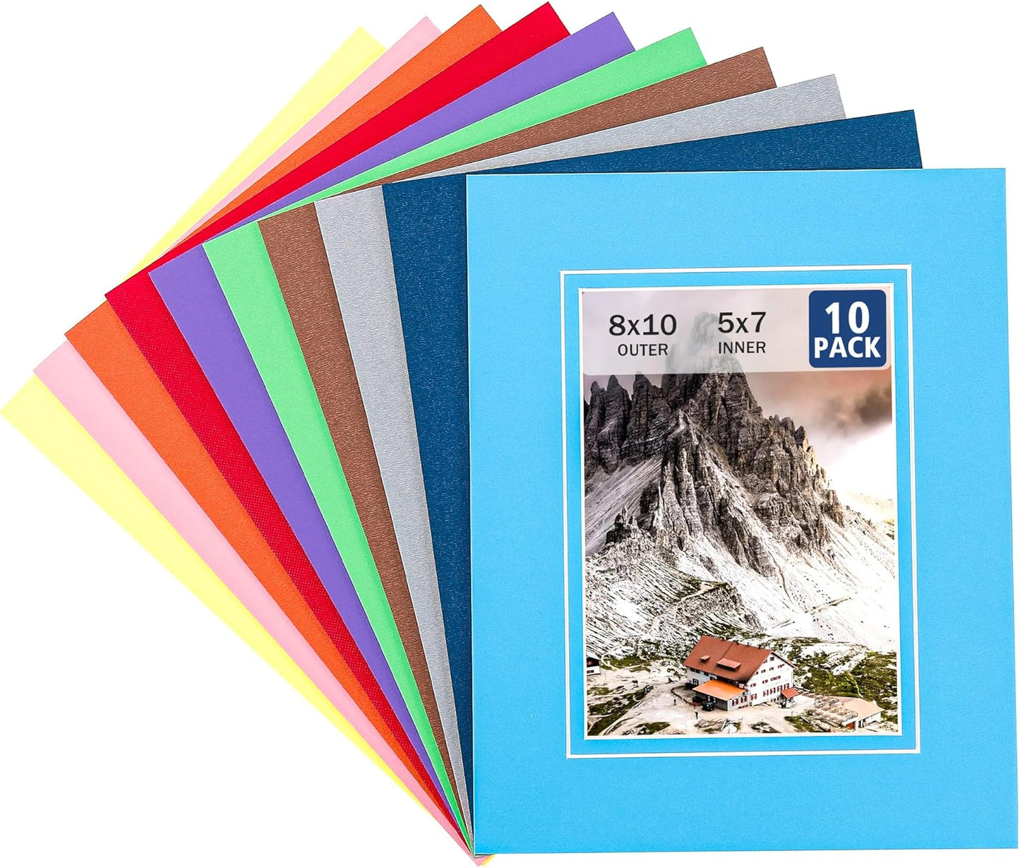 HOTUO 10 Pack Acid Free Colorful Picture Frame Mats, Pre-Cut 8x10 Picture Mats with Ivory Core Bevel Cut for 5x7 Photo, Signature Friendly 4 Ply Thickness Photo Mat for Frames (Colorful with V-Groove)