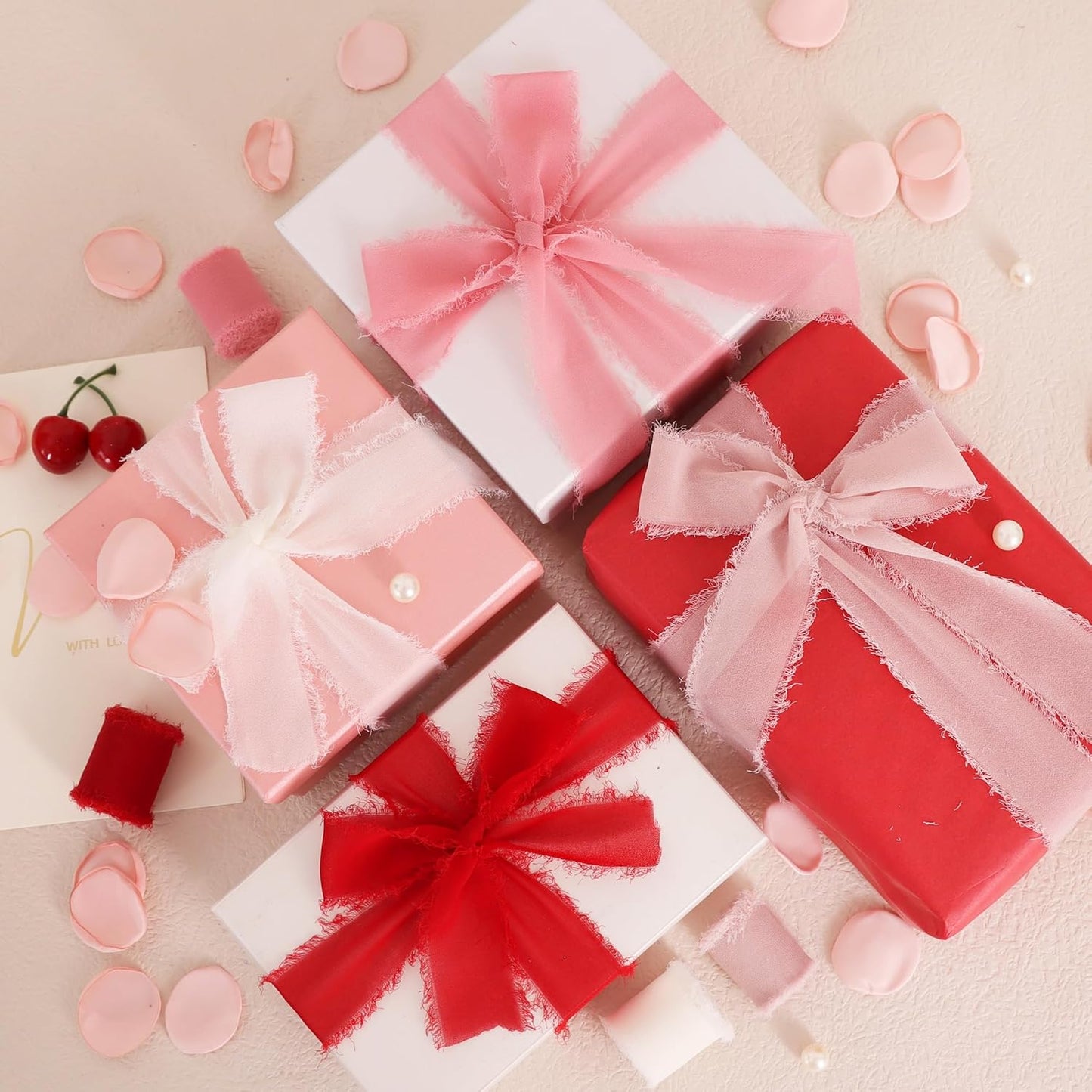 TONIFUL 4 Rolls Silk Chiffon Ribbon 1-1/2 Inch x 22 Yards,Red Pink and White Handmade Fringe Silk Ribbon Set for Gift Wrapping Bridal Bouquets Crafts Wedding Christmas Valentines Decoration