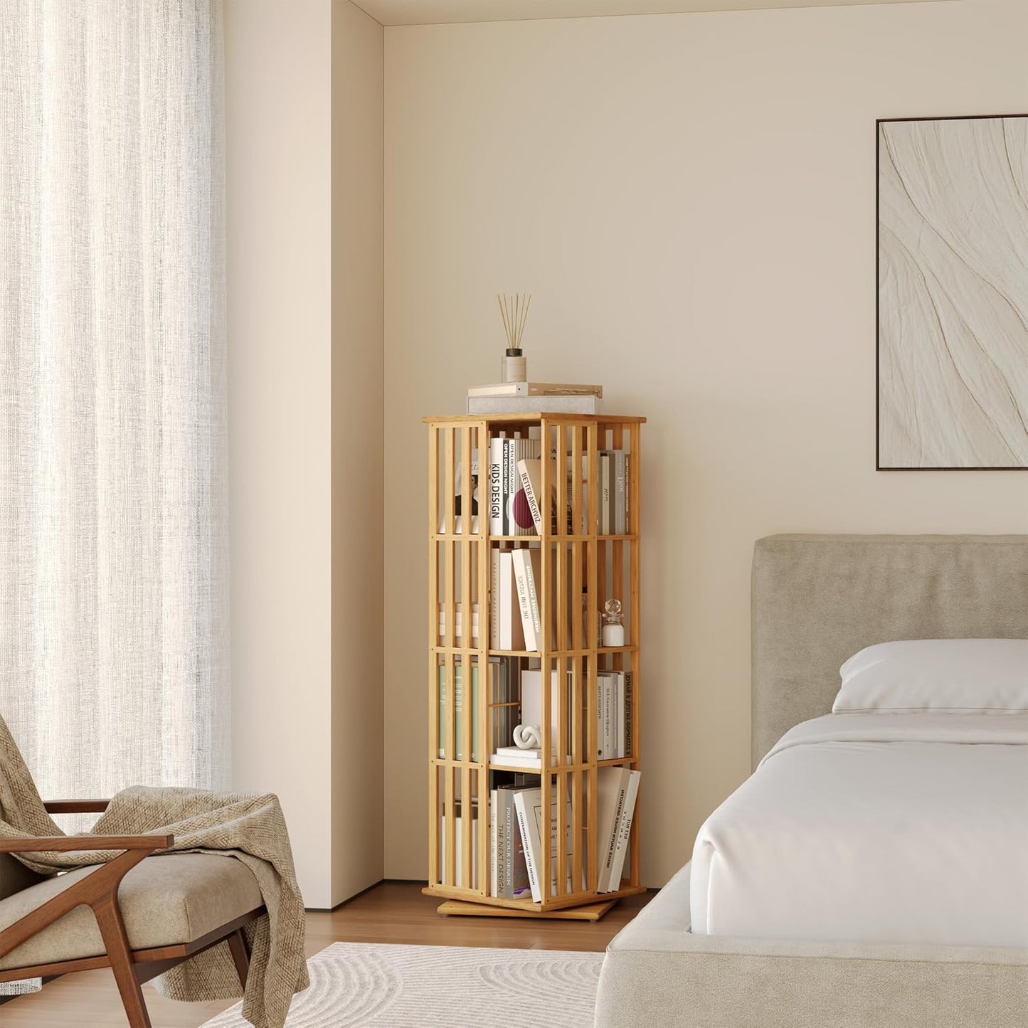 YOWOS Rotating Bookshelf Tower, 360 Display Spinning Bookcase, Bamboo Bookshelf Floor Standing Storage Rack, Wood Narrow Book Shelf Organizer for Kids&Adults (Nature, 4 Tier)