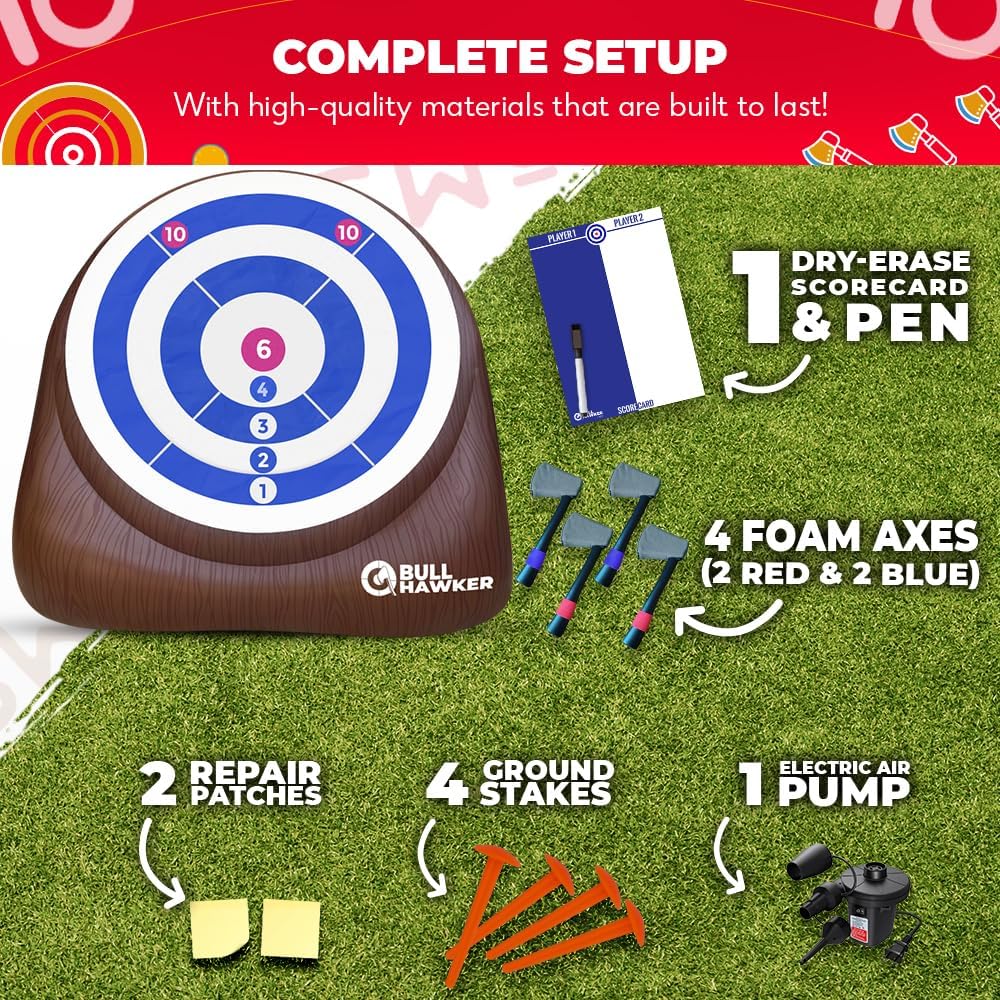 Swooc Games® - Bull Hawker™ | Giant Axe Darts (Over 6ft Tall) w/ 15+ Games | Axe Throwing Game for Backyard w/Air Pump | Outdoor Games for Adults and Family | Carnival Games | Throwing Axe Yard Games