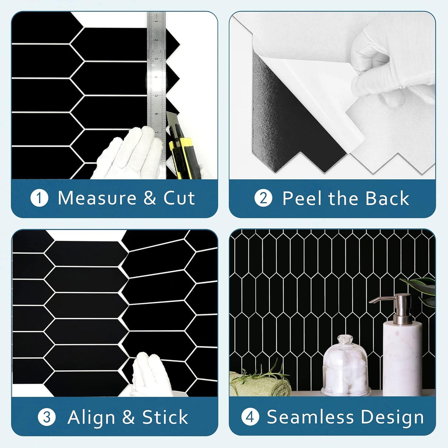 SUNWINGS Backsplash Tile for Kitchen Peel and Stick, Stone Composite Self Adhesive Tiles Long Hexagon Mosaic Wall Tile for Kitchen, 12 Inch x 11.22 Inch 10 Sheets Black Matte