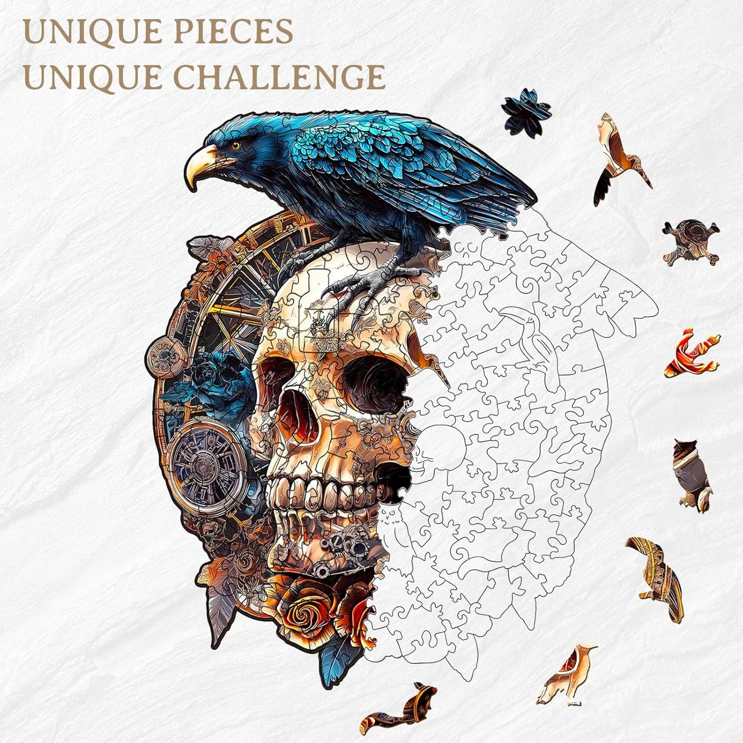 KAAYEE Wooden Puzzles for Adults, Raven & Mechanical Skull Wooden Jigsaw Puzzle 355 PCS Unique Shape Wood Puzzles Adult, 3D Visual Effect Flat Puzzle Birthday Gifts Family Games (XL-17.3 * 15.4in)