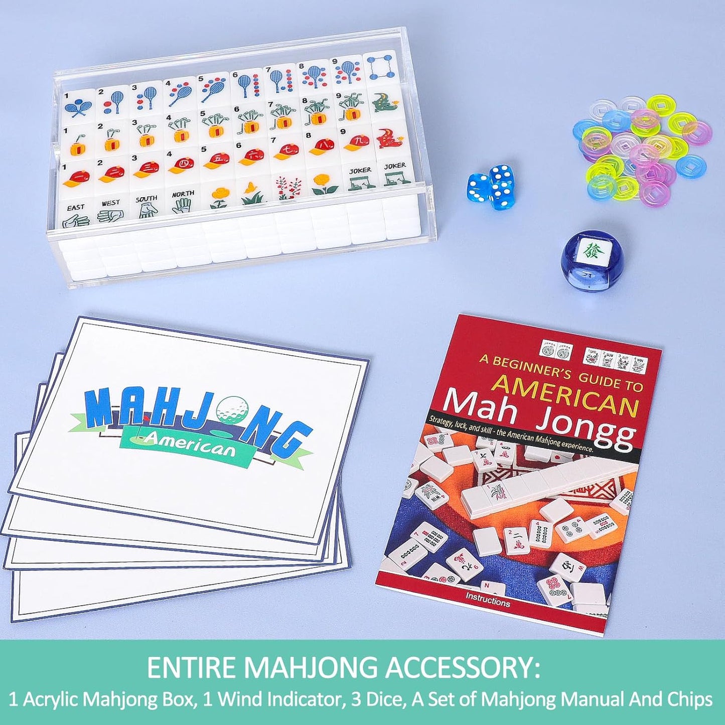 American Mahjong Tile Set with Clear Acrylic Box and Accessories, 160 Acrylic Engraved Mahjong Tiles, Mahjong Game Set