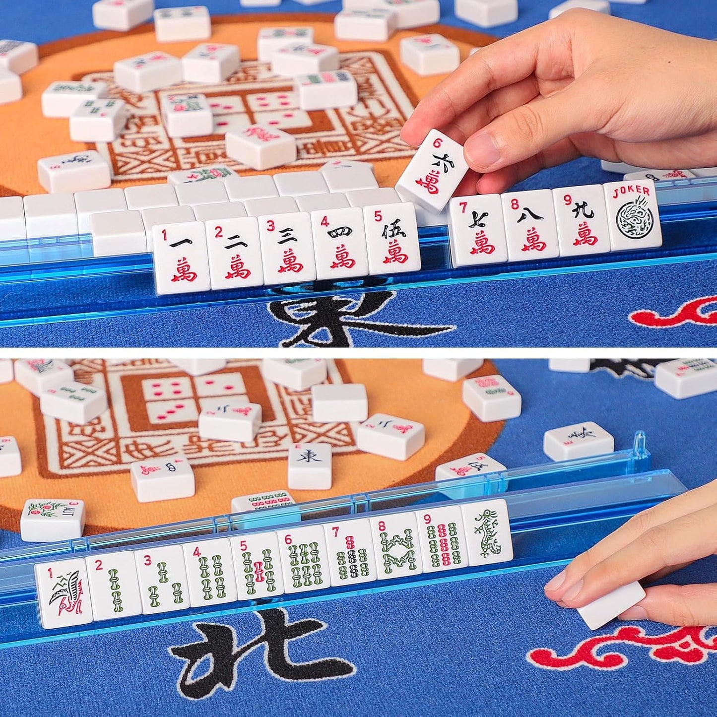 American Mahjong Game Set, 166 Quality White Tiles, 4 All-in-One Color Rack/Pushers, Mahjong Tile Set with Light Blue Printed Carrying Bag