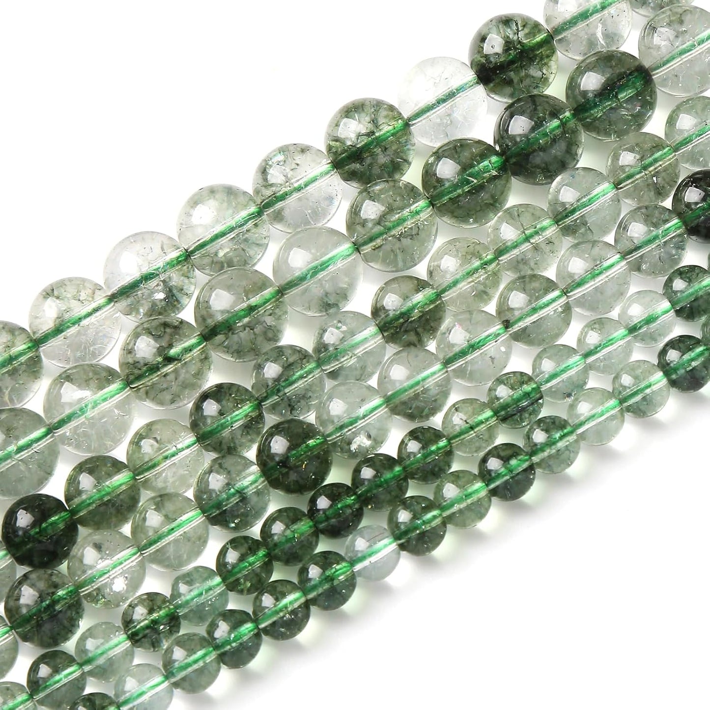 60PCS 6MM Green Crackle Phantom Ghost Crystal Beads for Jewelry Making DIY Bracelet Necklace Accessories 15" Energy Healing Power Stone Beads