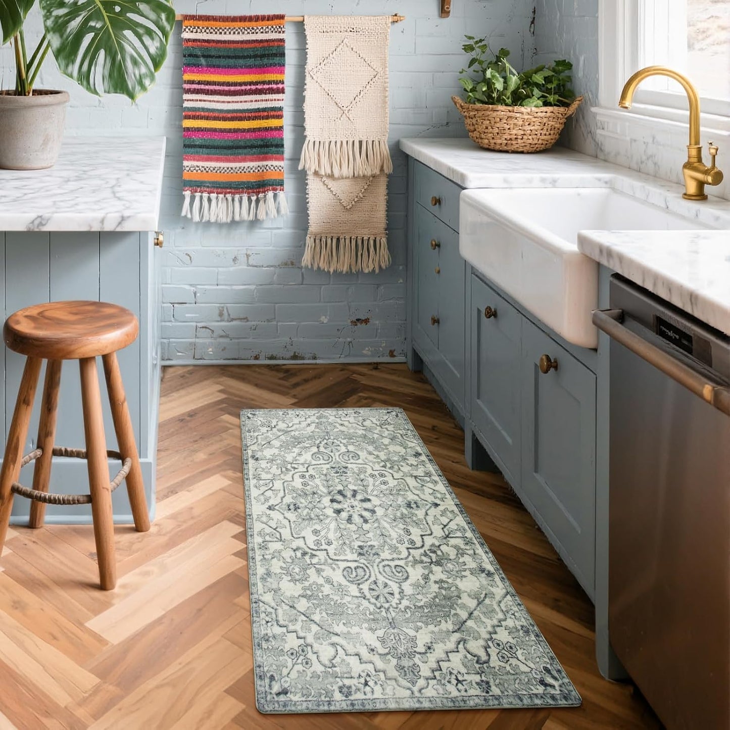 Lahome Bohemian Floral Medallion Runner Rug - 2x4 Beige Non Skid Laundry Room Rug Runner Hallway Runners, Distressed Soft Machine Washable Indoor Accent Carpet Runners for Bedside Entryway