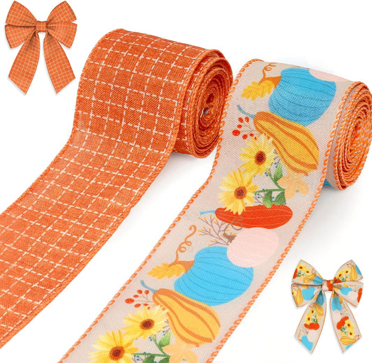 2 Rolls Fall Pumpkins Leaves Ribbons for Bows, Thanksgiving Wired Edge Ribbon Orange Buffalo Plaid Burlap Ribbons for Gift Wrapping Autumn Thanksgiving Decoration Supplies