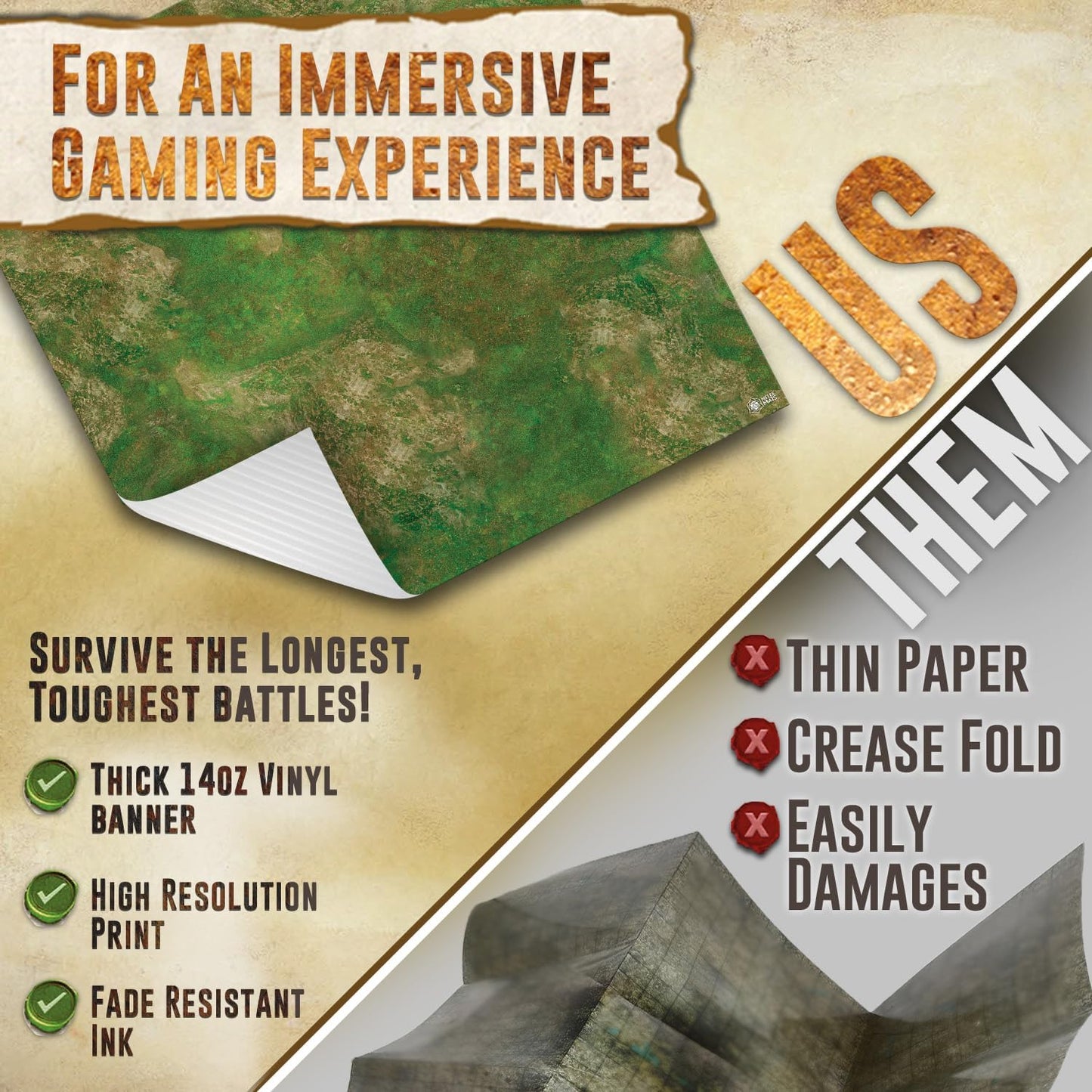 Battle Game Mat - 48x48 - Dungeons Tabletop Dragons Dice Role Playing Map - Wargaming RPG Warfare 40k Flames War - Reusable Miniature Figure Board Games - Warhammer Gaming Vinyl Mat