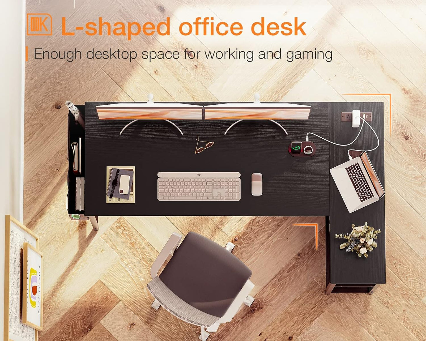 ODK 55 Inch Small L Shaped Computer Desk with Power Outlets, Corner Desk with PC Stand & Reversible Storage Shelves for Small Space Home Office Workstation, Modern Simple Writing Study Table, Black