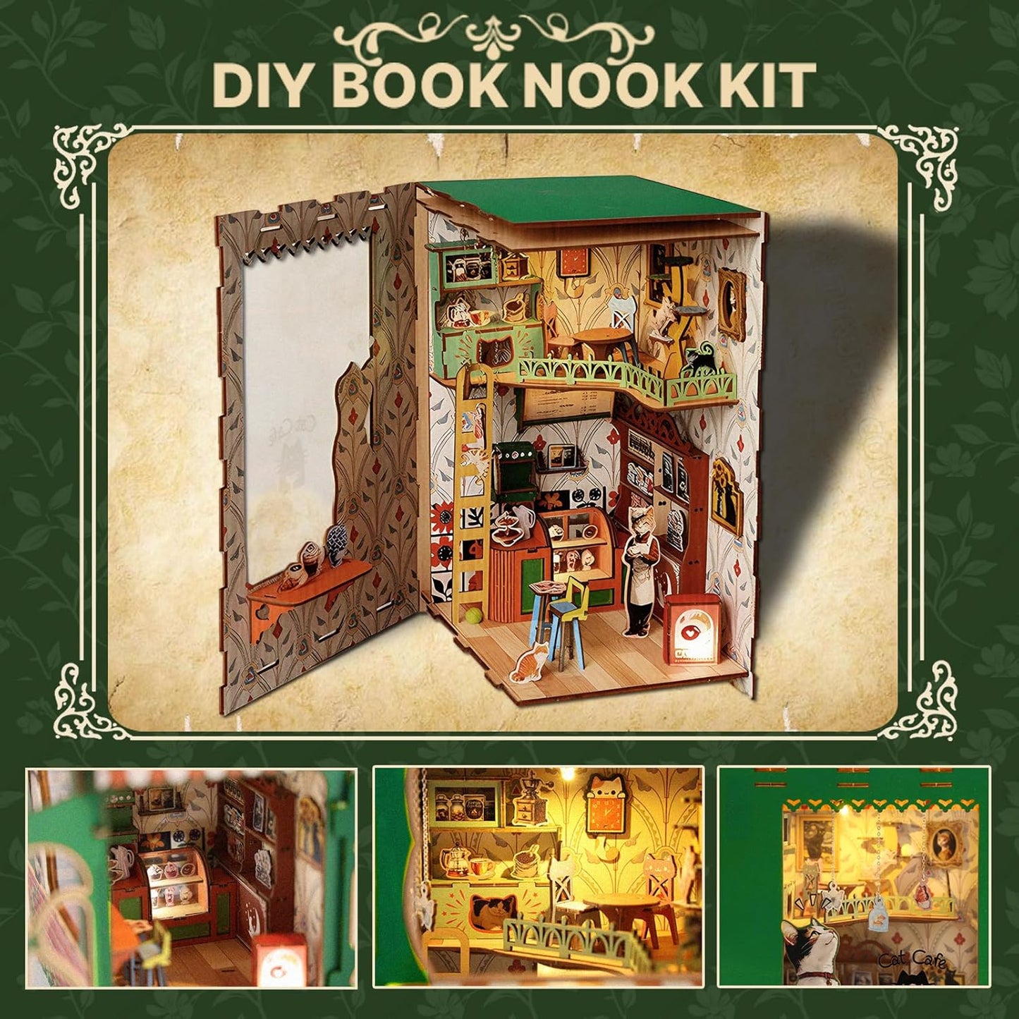 Book Nook Kit,DIY Miniature House Kit for Adults, Teens and Beginners, Dollhouse Booknook Cat Cafe Tiny House Bookshelf Decor 3D Wooden Puzzle, Gifts for Family, Friends