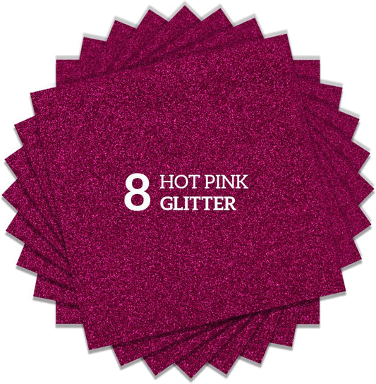 Hot Pink Glitter HTV Heat Transfer Vinyl Bundle 8 sheets-12 x12 Iron on Vinyl for T Shirts Hats Clothing Compatible with Cricut Cameo Heat Press Machine