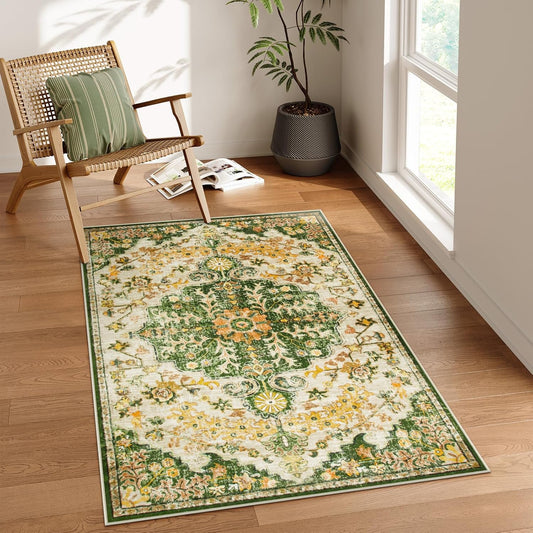Lahome Bohemian Floral Medallion Area Rug - 3x5 Soft Rug for Bedroom Living Room Mat, Cute Washable Indoor Floor Throw Carpet for Office Entry Way Apartment Dressing Room RV, Yellow/Green/Multi