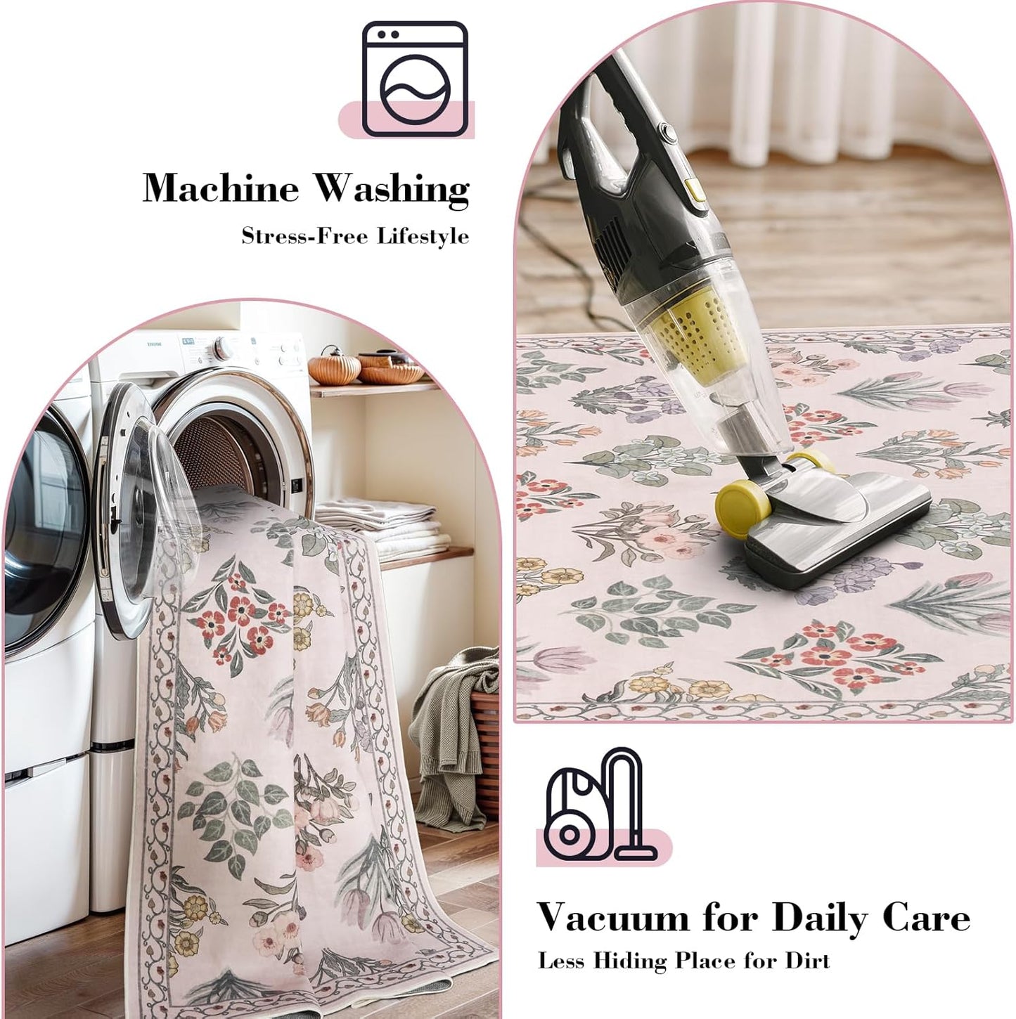 Wonnitar Floral Print Rug for Bedroom, Pink Boho Washable 8x10 Rug Ultra-Thin, Non Slip Soft Large Moroccan Trellis Floor Carpet for Living Room Girls Nursery Kids Playroom, Pale Pink