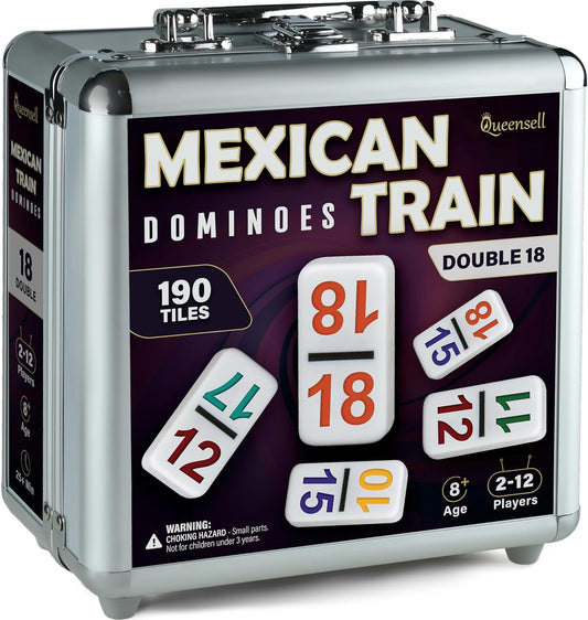 Queensell Mexican Train Dominoes Set with Numbers - Double 18 Dominos Set for Adults and Kids - Mexican Dominoes Train Game Night Games for Adults with Wooden Hub and Aluminum Case