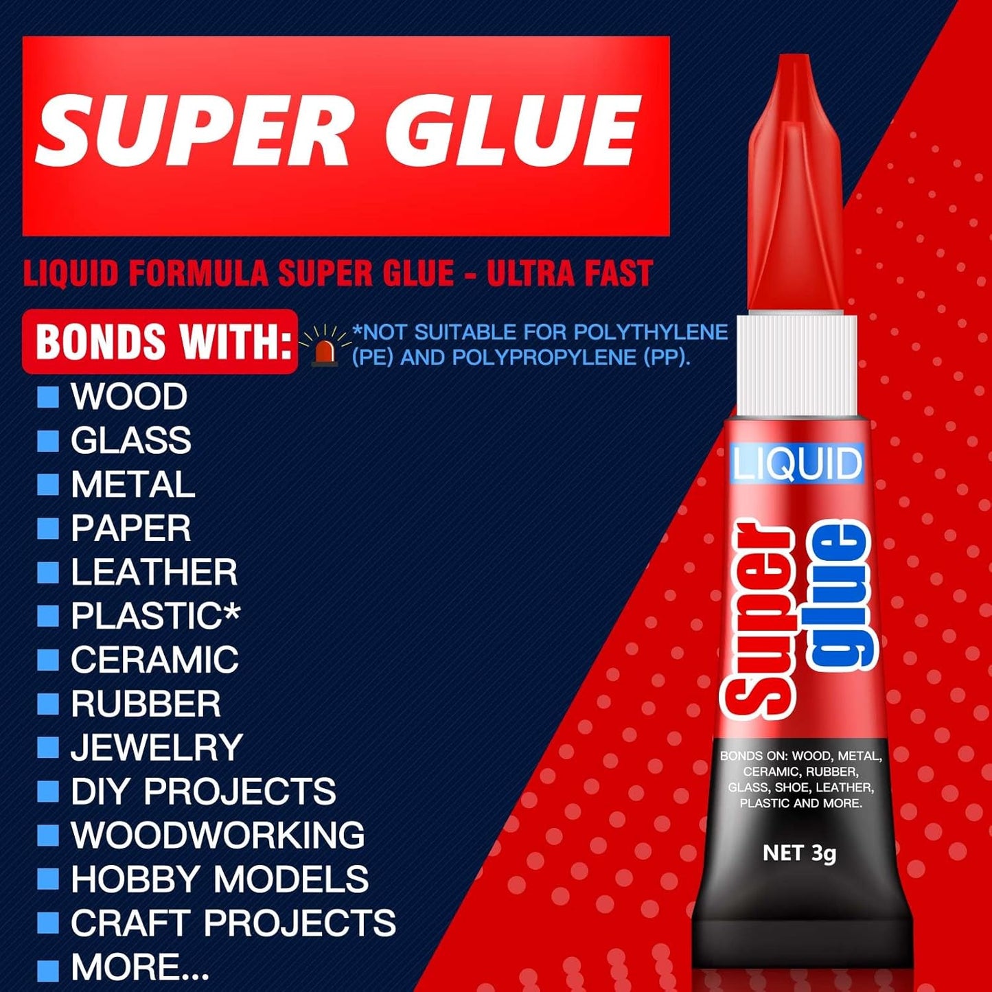 3 Gram (Pack of 48) Single Use Super Glue Liquid, Super Fast, Thin & Strong Adhesive Superglue, Cyanoacrylate Glue for Hard Plastics, DIY Craft, Ceramics, Leather, Metal Etc