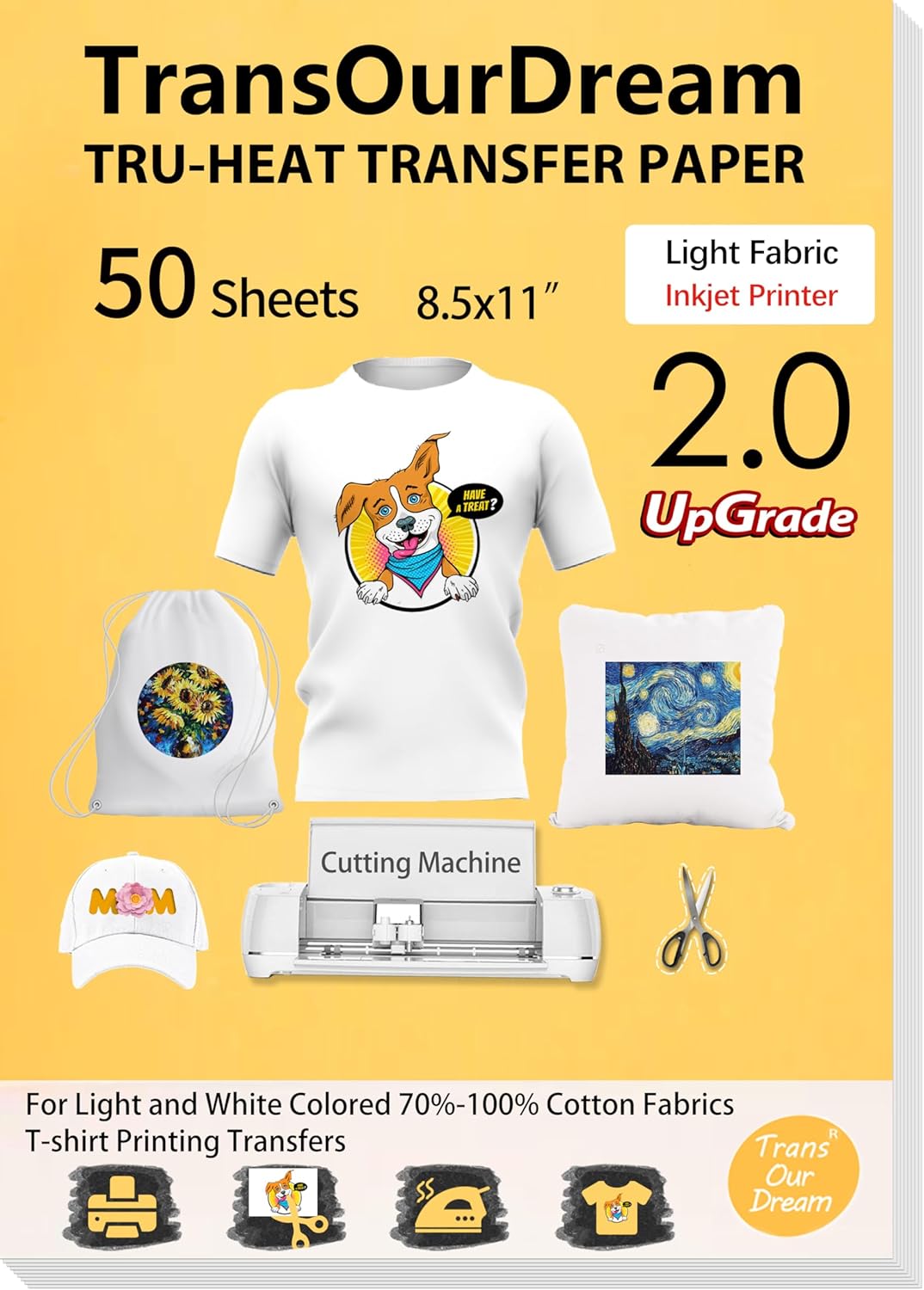 TransOurDream Upgraded Iron on Heat Transfer Paper for T Shirts (50 Sheets, 8.5x11") Iron on Transfers for Light Fabric Printable Heat Transfer Vinyl for Inkjet Printer (L2-50)