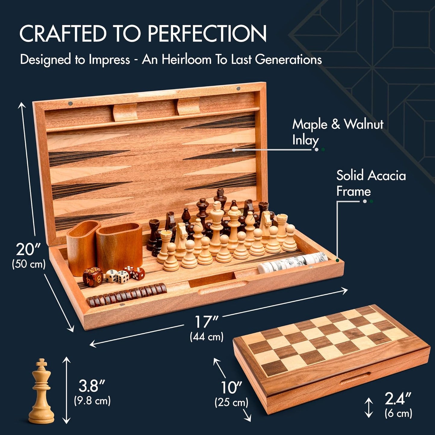 17 Inch Chess Checkers Backgammon Set for adults, Wooden chess set combo, portable folding two sided board multi game design, maple walnut inlay with large weighted pieces, acrylic checkers