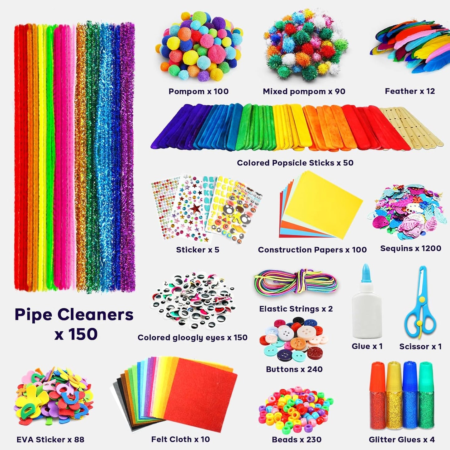 FUNZBO Arts and Crafts Supplies for Kids - Crafts Kits with Pipe Cleaners, Construction Paper, Pom poms, Googly Eyes, Crafts for Kids Ages 4-8, School Craft Projects,4 6 8 Birathday Gifts for Girls