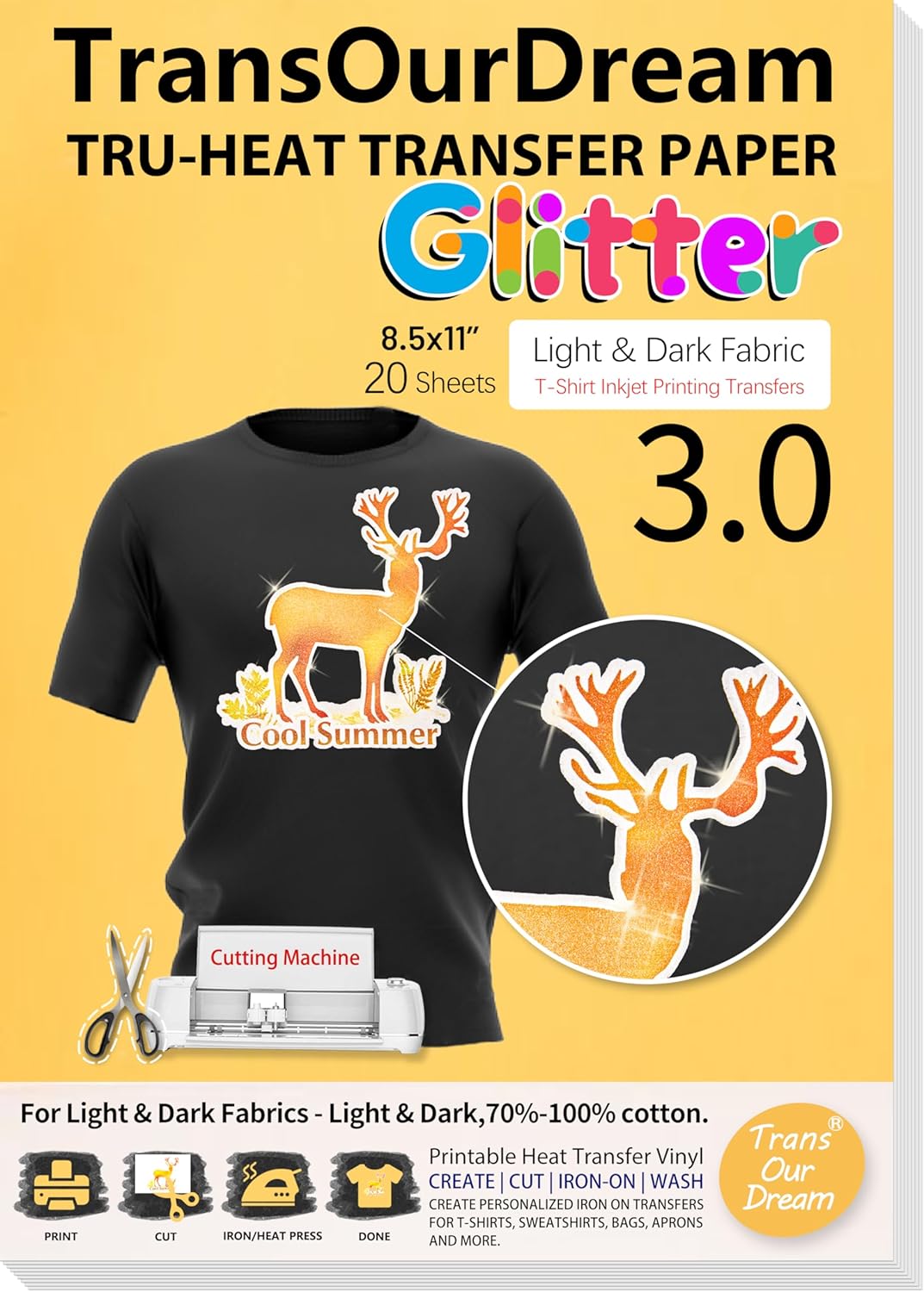 TransOurDream Glitter 3.0 Heat Transfer Paper for Inkjet Printer (20 Sheets, 8.5x11'') Printable Heat Transfer Vinyl for T Shirts Iron on Transfers for Light & Dark Fabric (TOD-GL3-20)