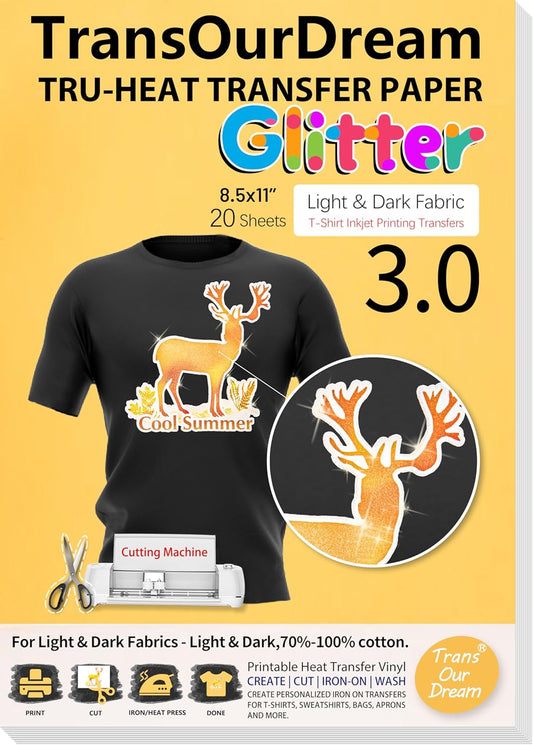 TransOurDream Glitter 3.0 Heat Transfer Paper for Inkjet Printer (20 Sheets, 8.5x11'') Printable Heat Transfer Vinyl for T Shirts Iron on Transfers for Light & Dark Fabric (TOD-GL3-20)