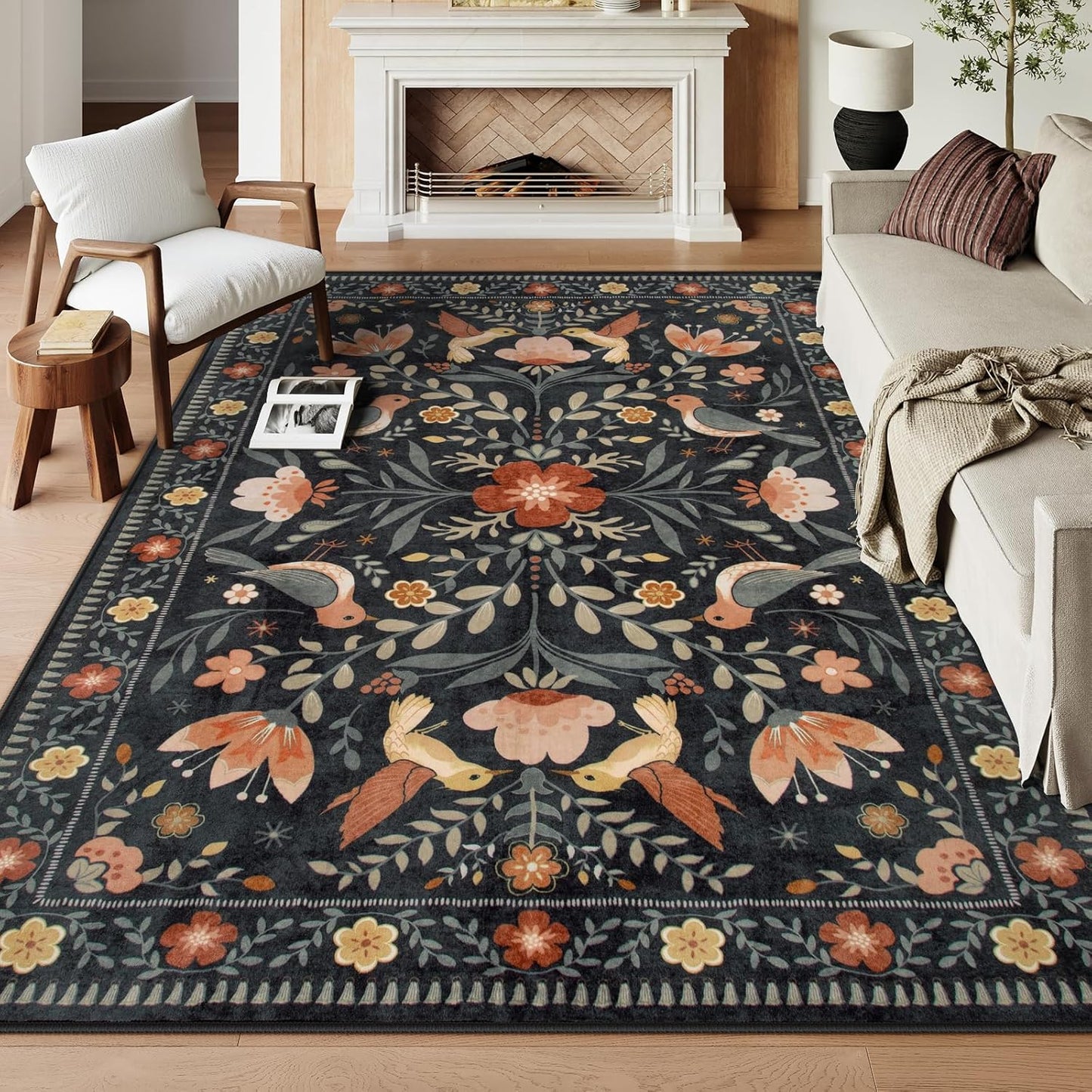 Morebes Washable Black Floral Rug 5x7, Flower Birds Area Rugs for Living Room Non Slip, Soft Low-Pile Indoor Floor Insect Print Throw Carpet for Bedroom Dining Playroom Home Office, Black/Multi