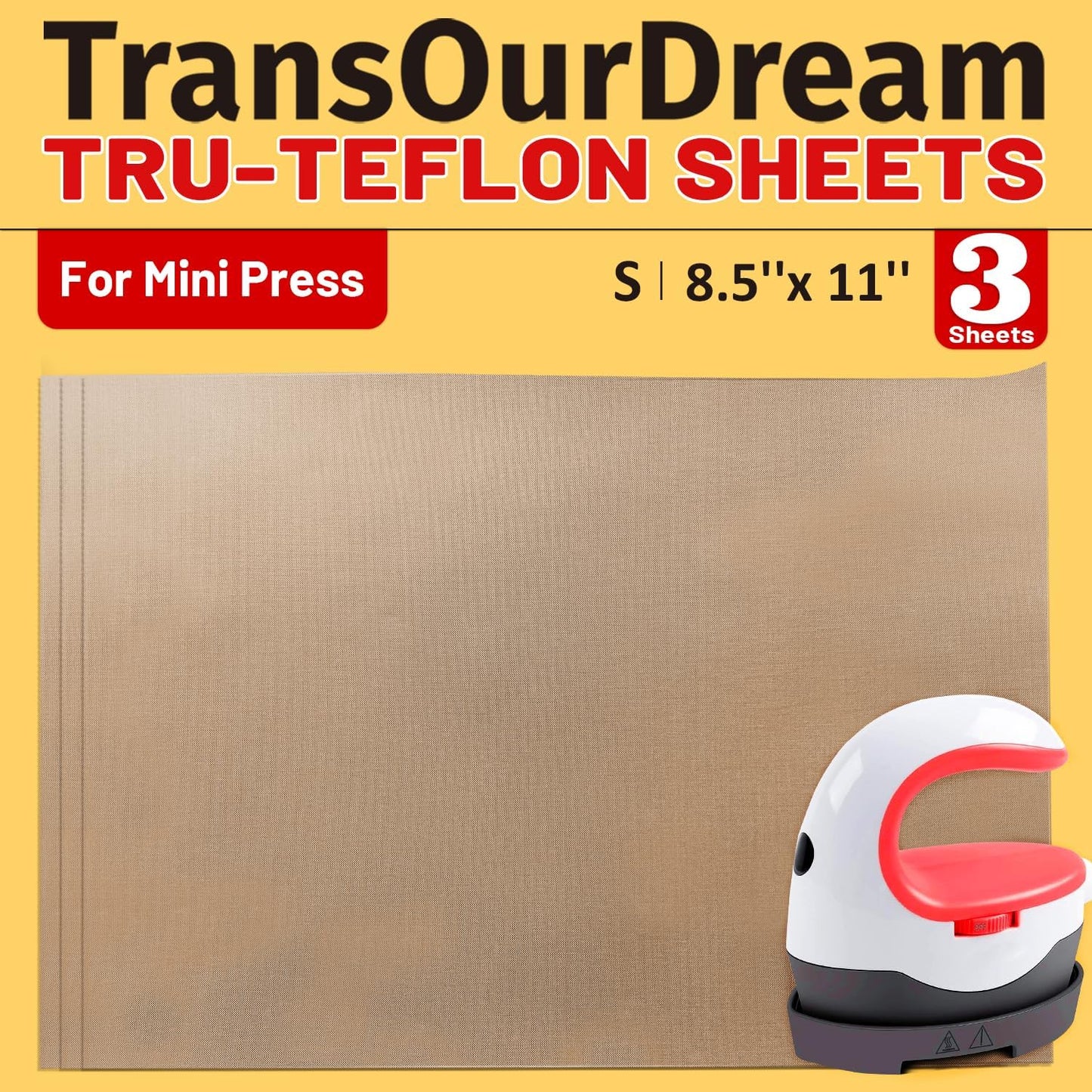 TransOurDream 3 Pack PTFE Teflon Sheets Size S 8.5 x 11" for Mini Heat Press Heat Resistant Craft Mat Sublimation Paper and Heat Transfer Paper Reusable
