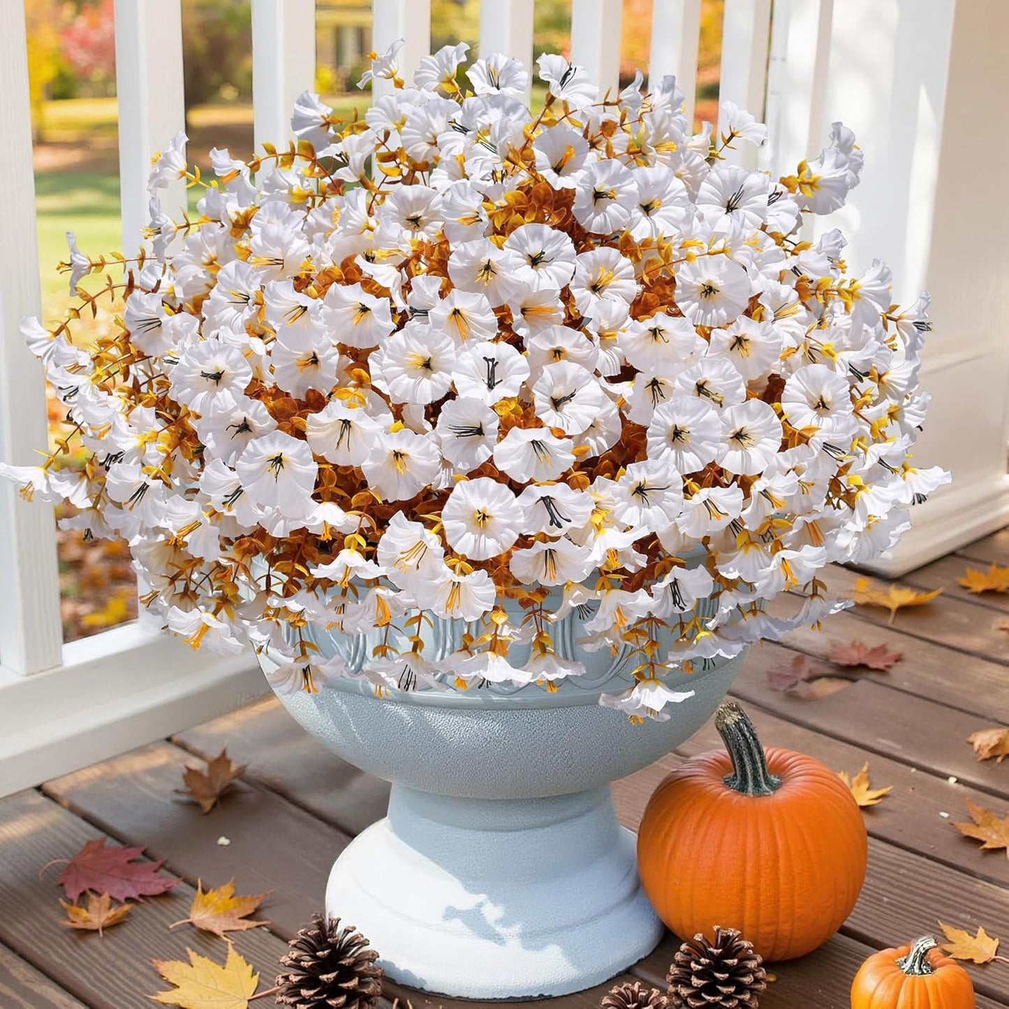 Fake Mums Fall Artificial Flowers Plants for Outdoors Autumn Decoration, 12 Bundles White Silk Morning Glory with Eucalyptus Realistic UV Resistant Faux Flowers for Outside Planter Yard Garden Porch