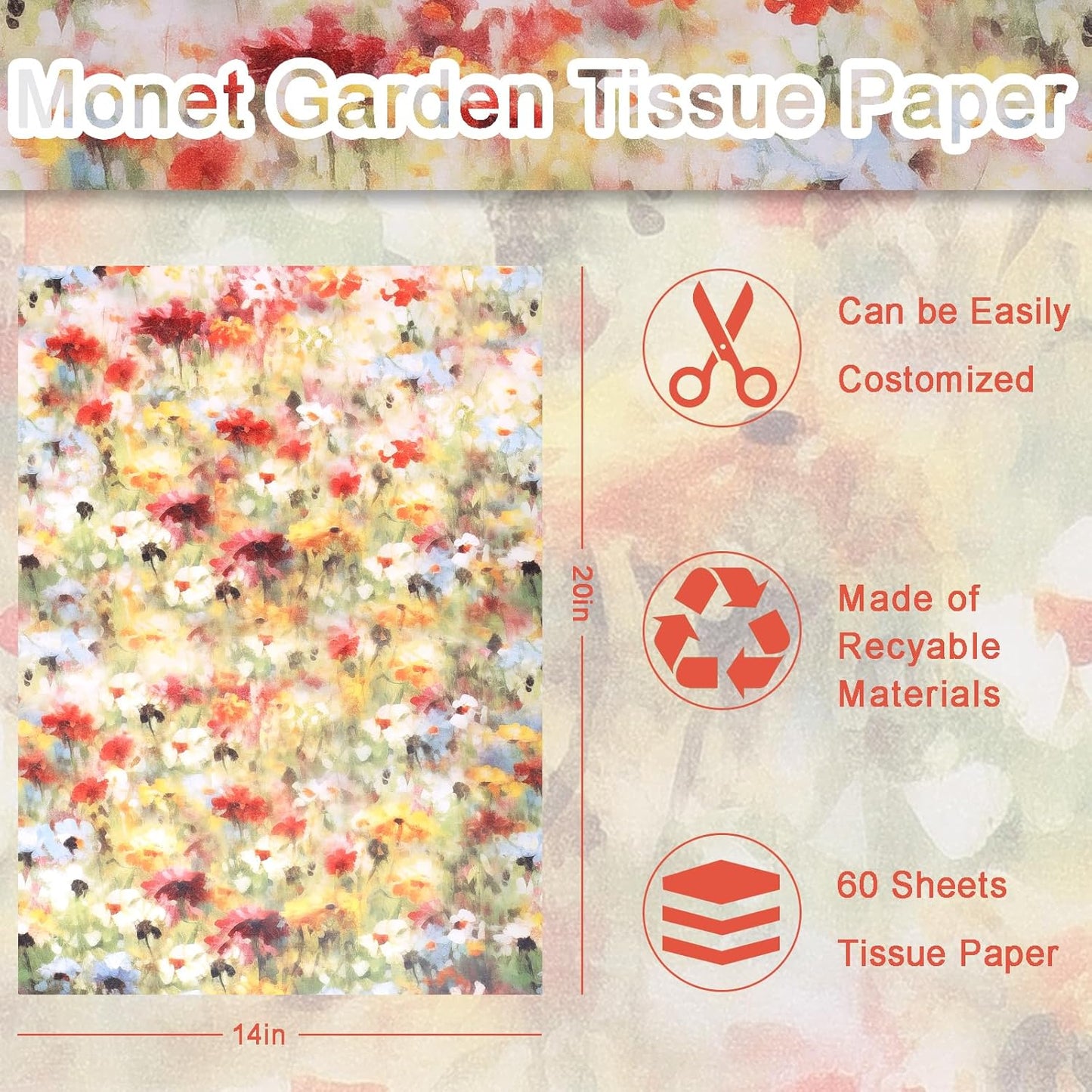 60 Sheets Monet Floral Garden Tissue Paper, 20 x 14 Inch Wildflower Monet Garden Patterns Art Wrapping Paper for Spring Birthday Wedding Spring Party Baby Shower Party Supplies