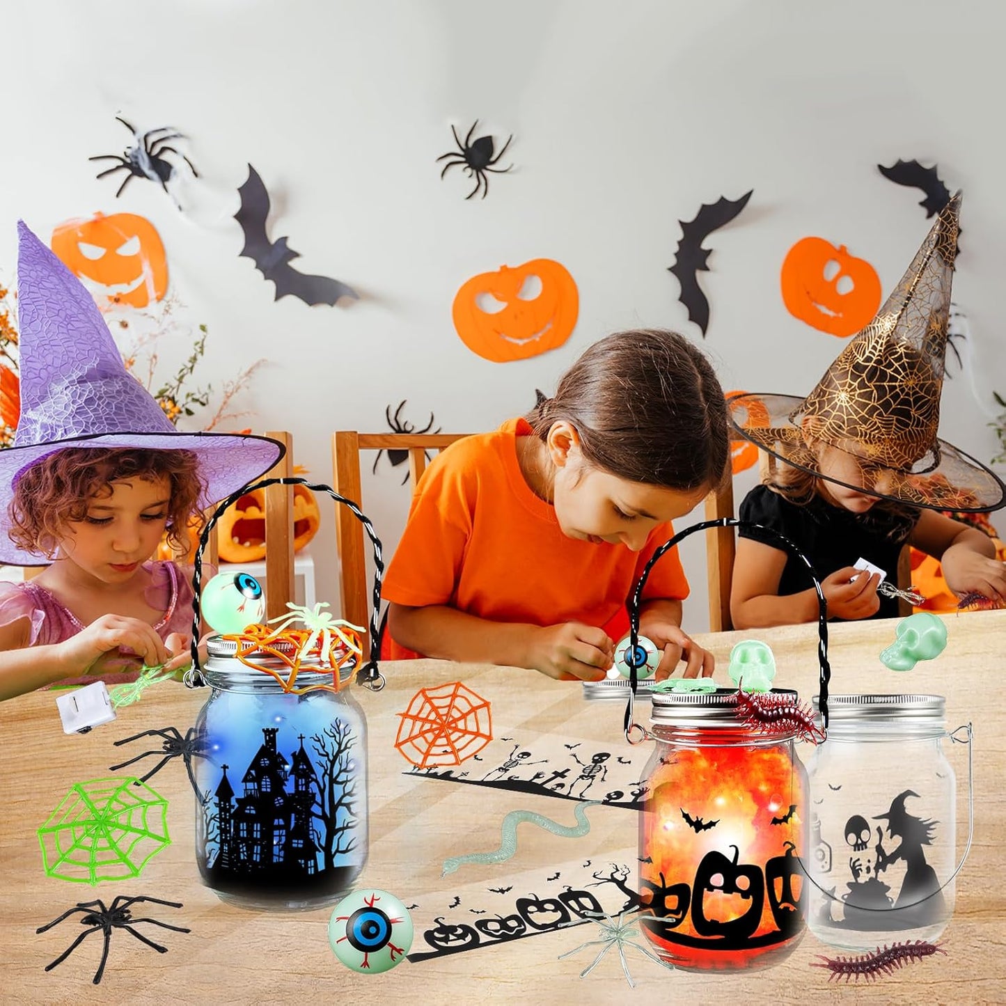 SpringFlower Halloween DIY Arts and Crafts Kits，12 Pcs Glass Mason Jar with Accessories for DIY Lantern Jar, Art & Craft Party Supplies for Classroom Kids