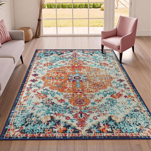 Lahome Bohemian Floral Medallion Area Rug - 4x6 Oriental Distressed Bedroom Rug Country Vintage Faux Wool Indoor Throw Mat Non-Slip Washable Low-Pile Carpet for Bathroom Living Kitchen Laundry Room