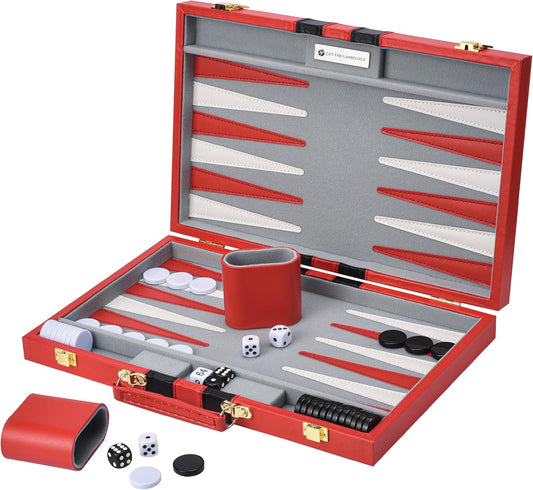 Get The Games Out Backgammon Set, Classic Board Game Case, 2 Players, Includes Strategy & Tip Guide, Perfect for Parties and Family Game Nights - Small, Red