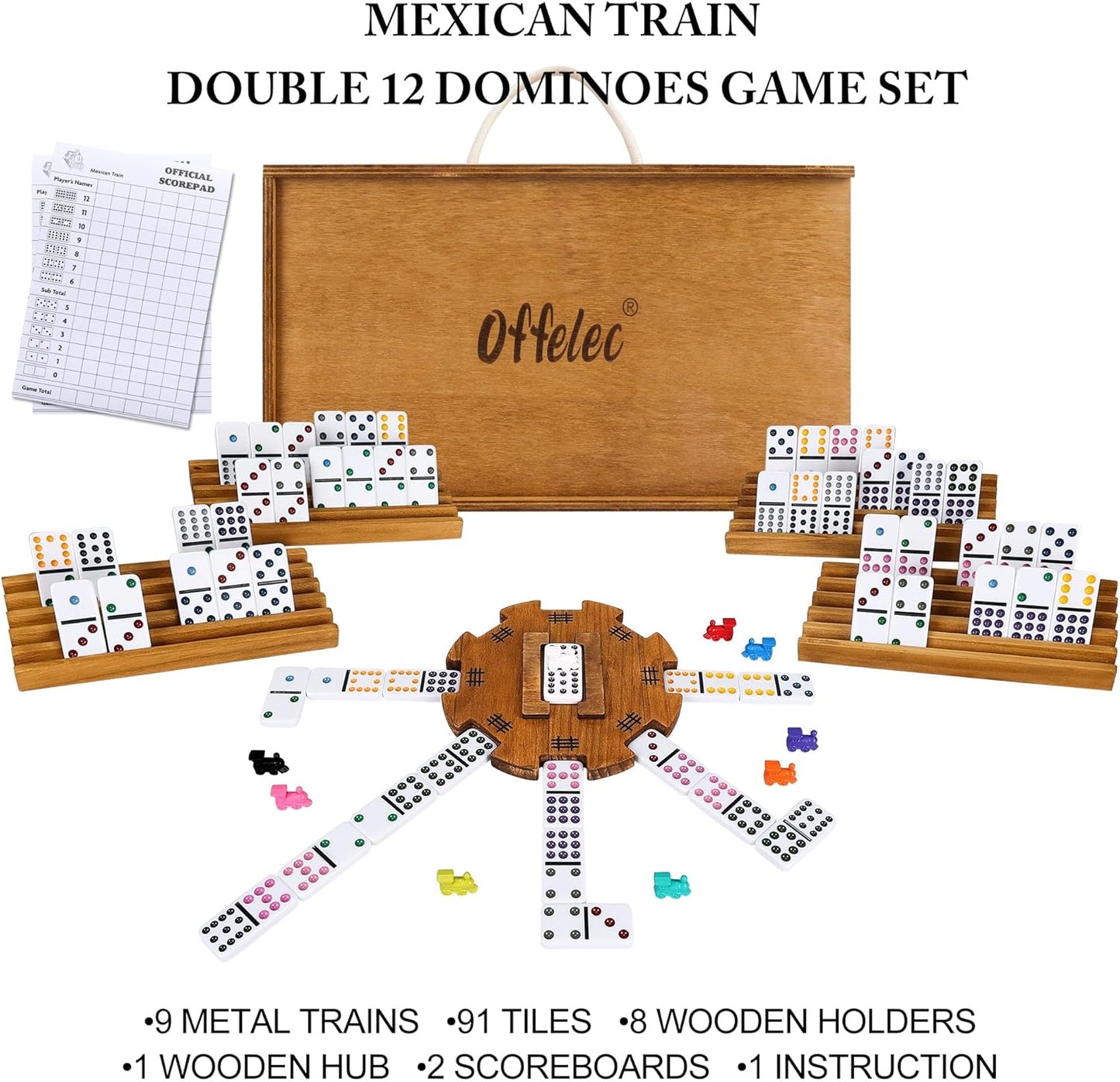 Mexican Train Dominoes Set with 8 Holders, Double 12 Dominos Set for Adults, Mexican Dominoes Train for Kids and Family Game, Mexican Train Games with 91 Colored Tile Dominos and Wooden Box