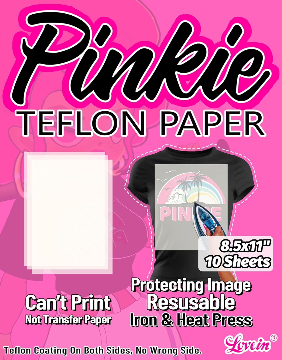 Lovein Pinkie Non-Stick Teflon Paper for Heat Press Transfer Sheet(10 Sheets, 8.5x11) Reusable Heat Resistant Perfect for Heat Transfer Paper of Crafting Needs