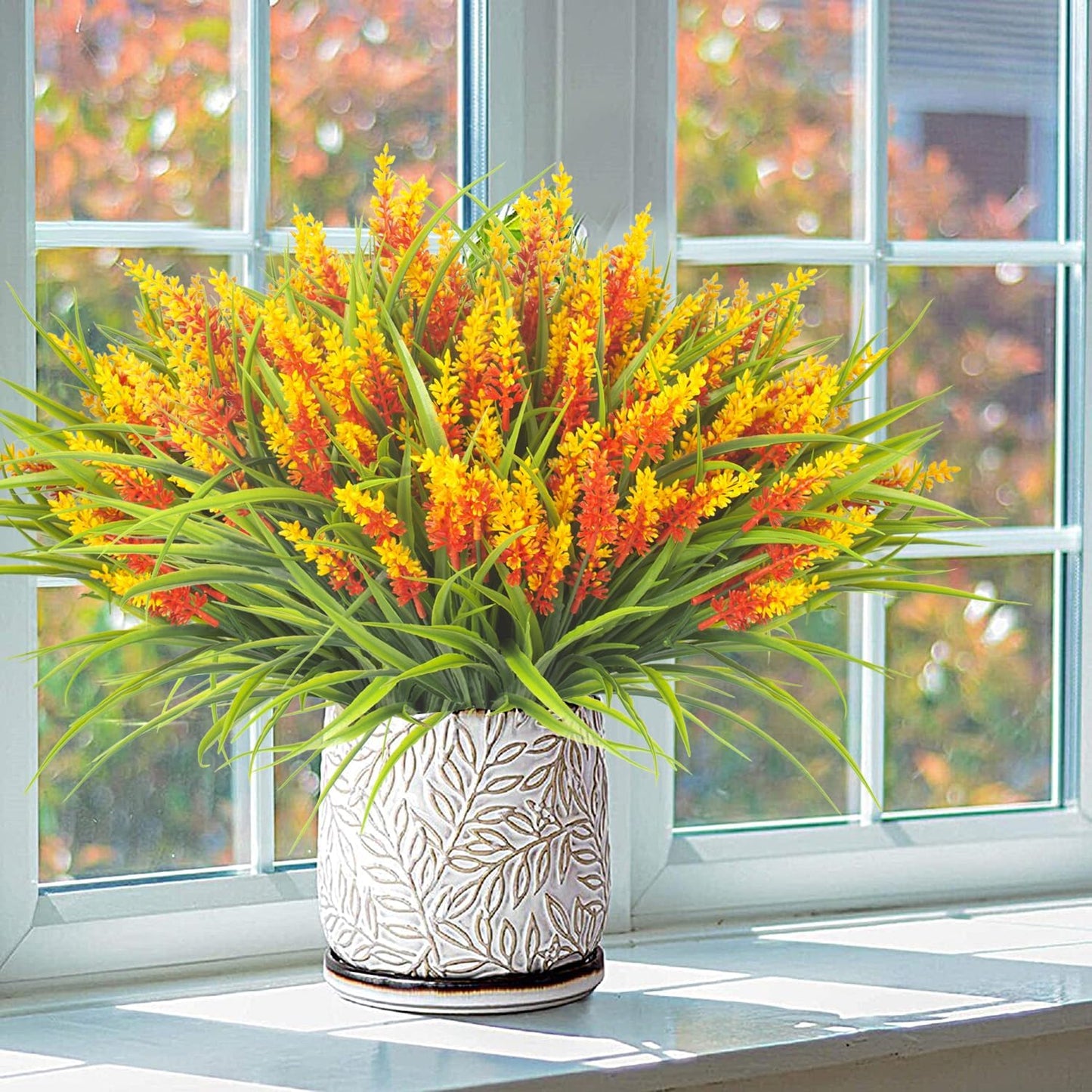 20 Bundles Artificial Plants Outdoor Fake Monkey Grass with Flowers (Orange Red)