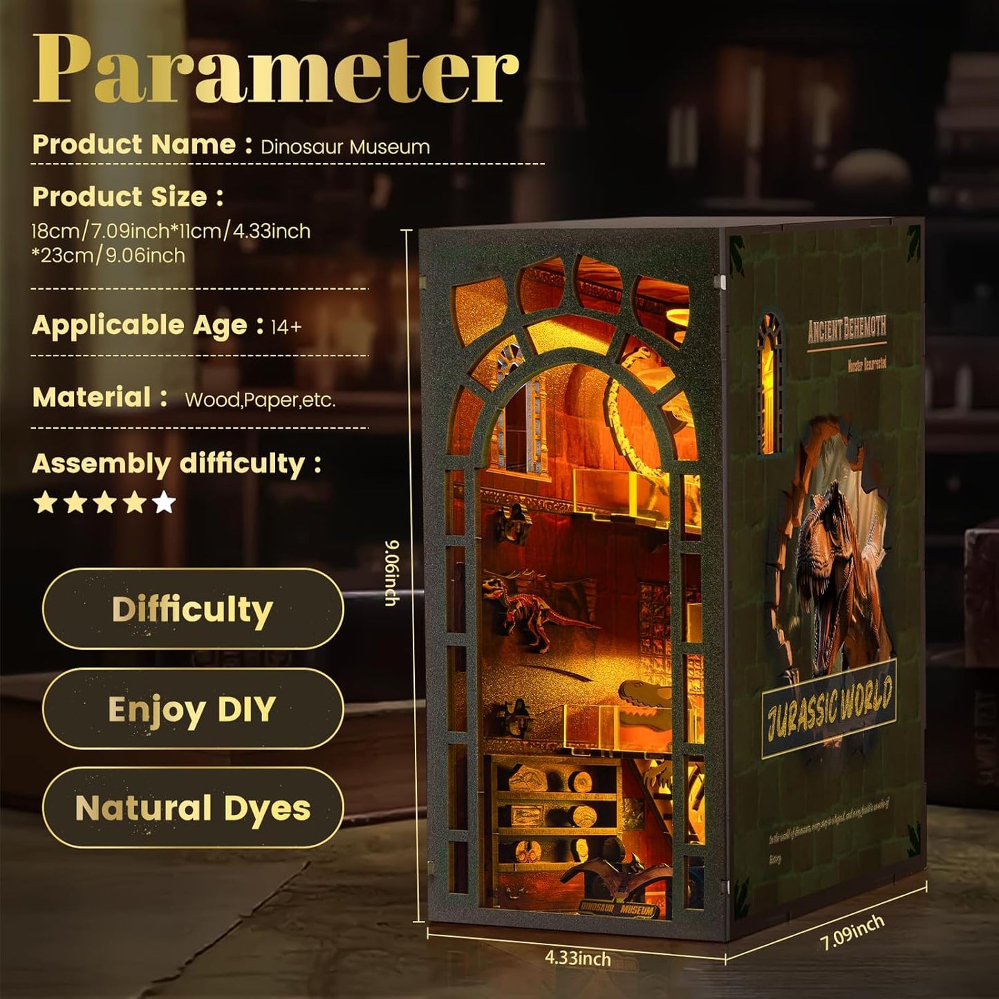 Book Nook Kit – DIY Wooden Miniature House Kits, Stunning Bookshelf Insert Decor, Ideal Gift for Holidays, Birthdays（Dinosaur Museum）