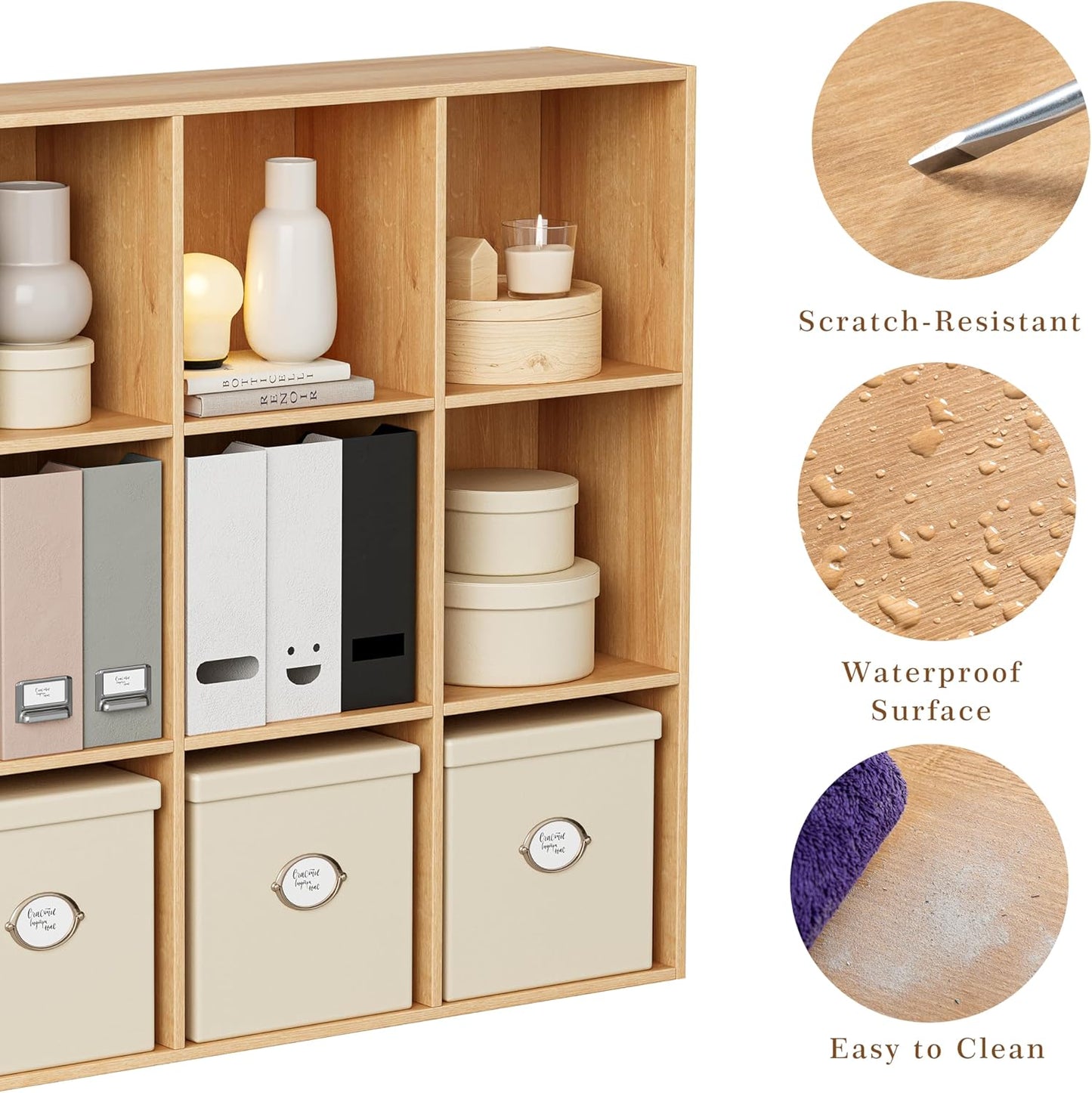 Wooden Storage Organizer with Closed Back Panel, 11in Cube Shelf Opening, Bookshelf, Display Shelf,Closet Cabinet for Home and Office (Natural Oak, 9-Cube 35.98L*9.45W*35.91H)