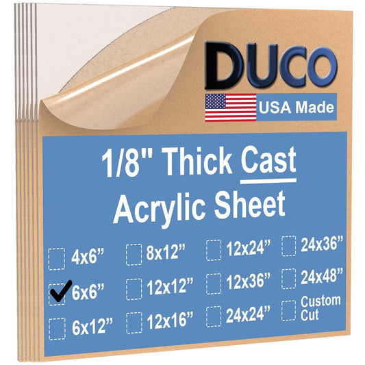Duco USA-Made Clear Cast Acrylic Sheet 1/8 Inch Thick 6" x 6" - 6 Pack of Transparent Plexiglass Sheet - Lightweight Acrylic Board for Window Replacements, Displays, Signs, and More