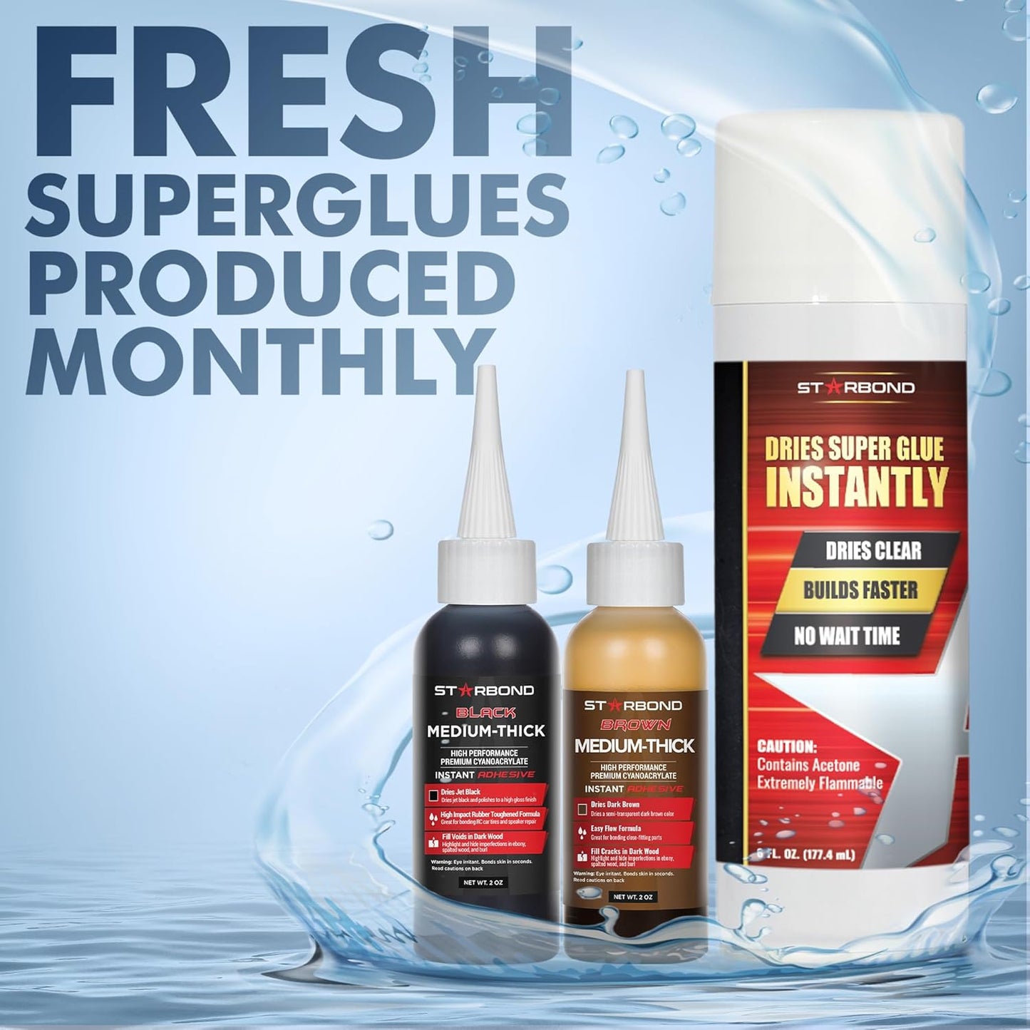 STARBOND Premium Grade Cyanoacrylate (CA) Super Glue, Black (2 oz) and Brown (2 oz) Medium-Thick Viscosity Knot Filler and Aerosol Accelerator (6 oz) Bundle for Woodworking, Woodturning, Carpentry