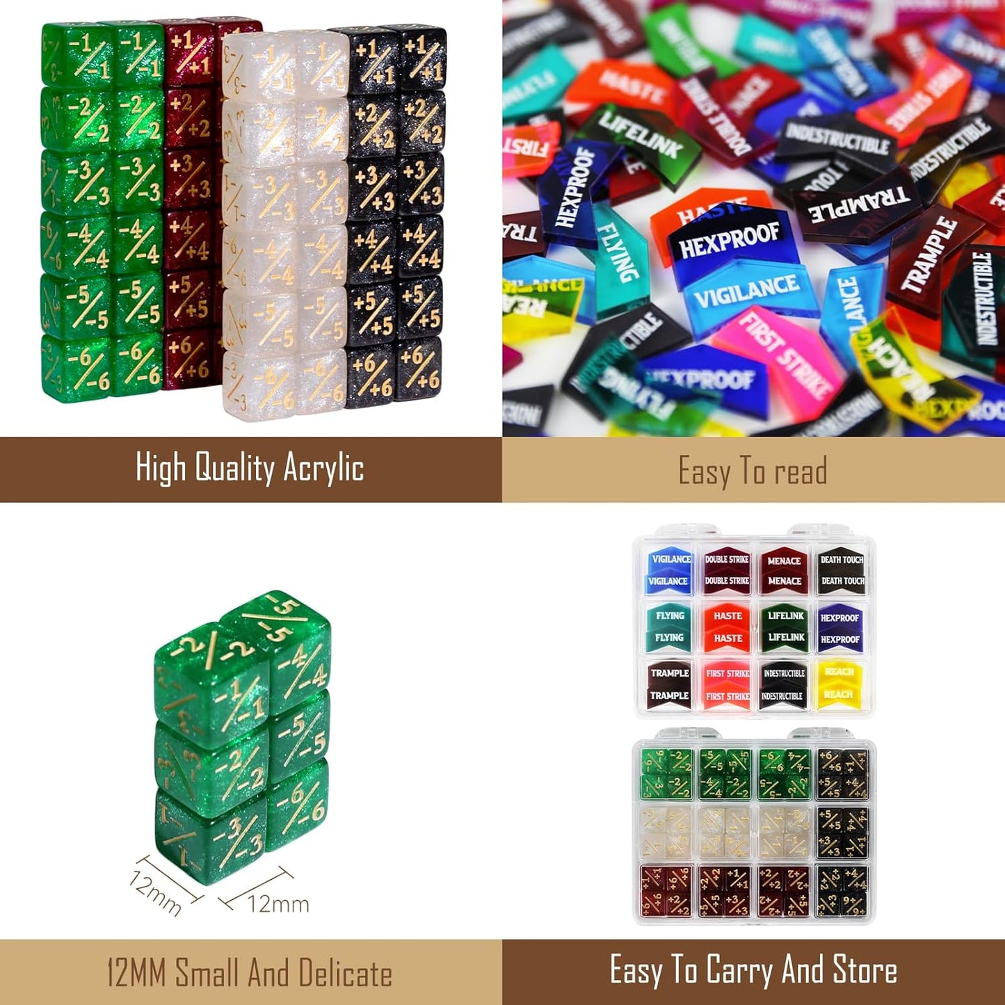 108PCS MTG Keyword Tokens & 12mm MTG Life Counter Dice Set for Magic Card, CCG Creature Stats Loyalty Dice with Box, Magic TCG Card Game Accessories