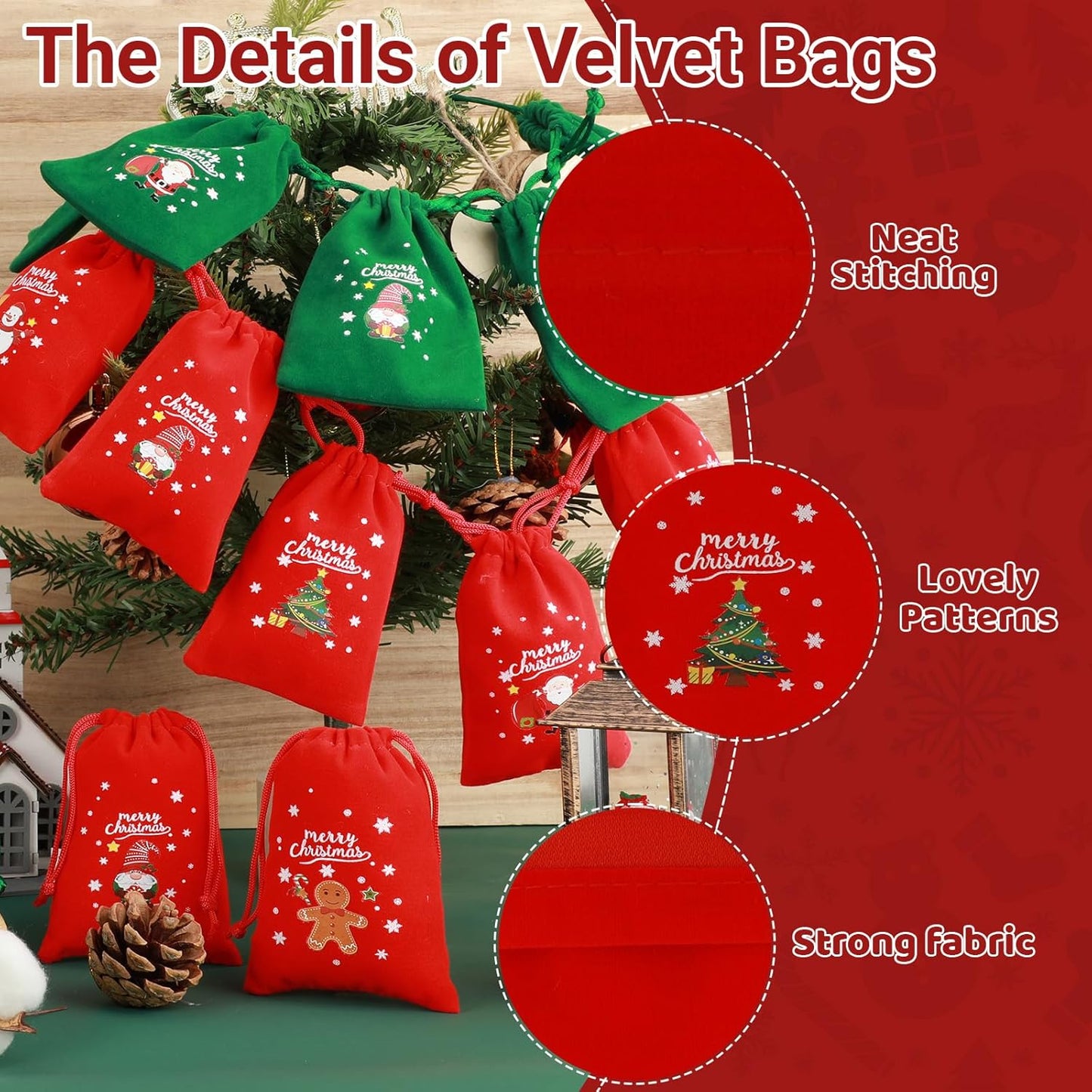 Tapleap Christmas Bags with Drawstring - 50Pcs 3x4 Red and Green Velvet Cloth for Wrapping Dice, Jewelry, Party Favors or Gifts for Friends, Children, Customers