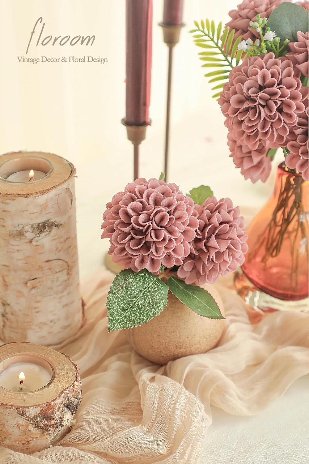 Floroom Artificial Dahlia Flowers 25pcs Real Looking Dusty Rose Foam Fake Roses with Stems for DIY Wedding Bouquets Bridal Shower Centerpieces Floral Arrangements Party Tables Home Decoration