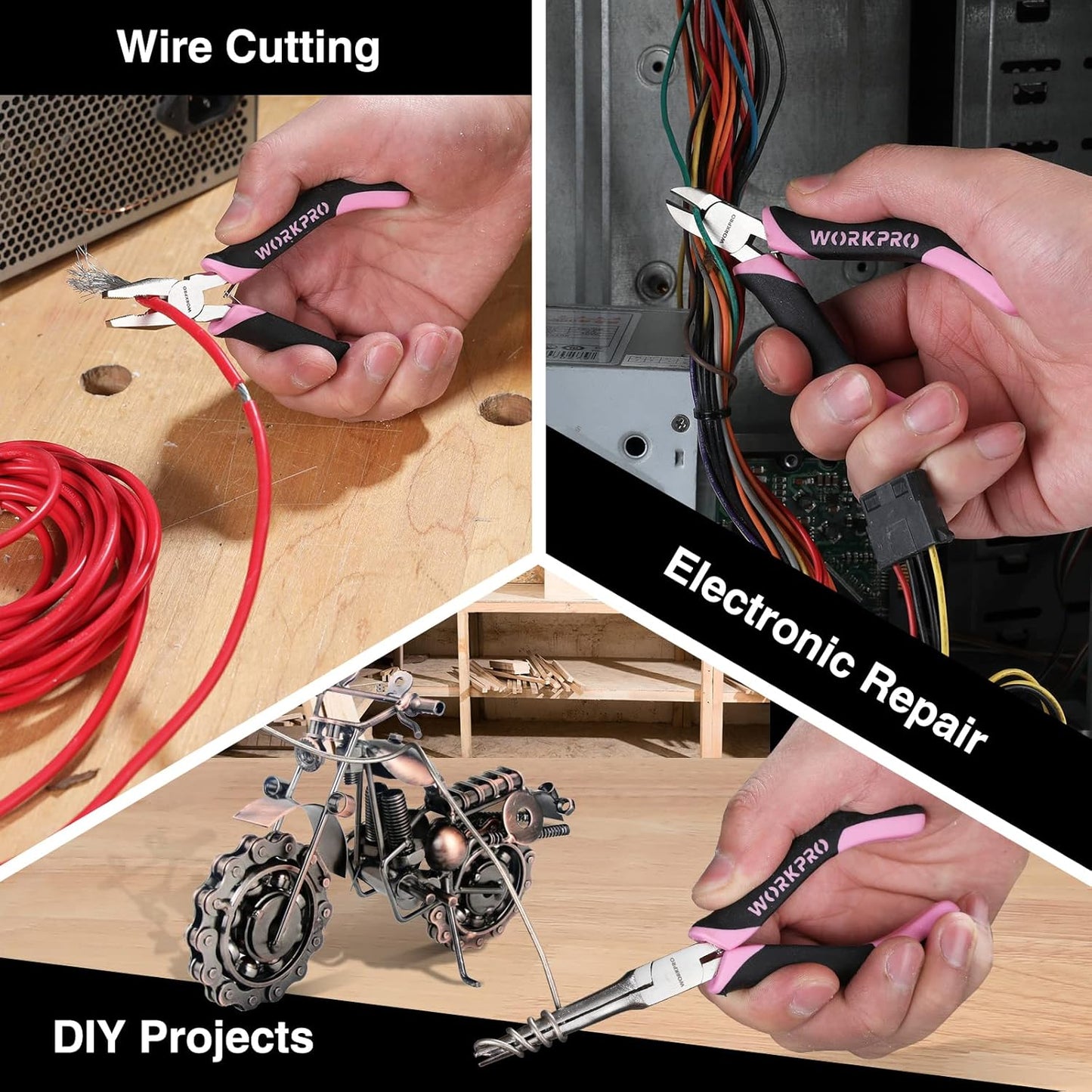 WORKPRO 6-Piece Mini Pliers Set, Needle Nose, Long Nose, Bent Nose, Diagonal, End Cutting and Linesman, for Crafts Work, Electronic Repair, with Pouch - Pink Ribbon