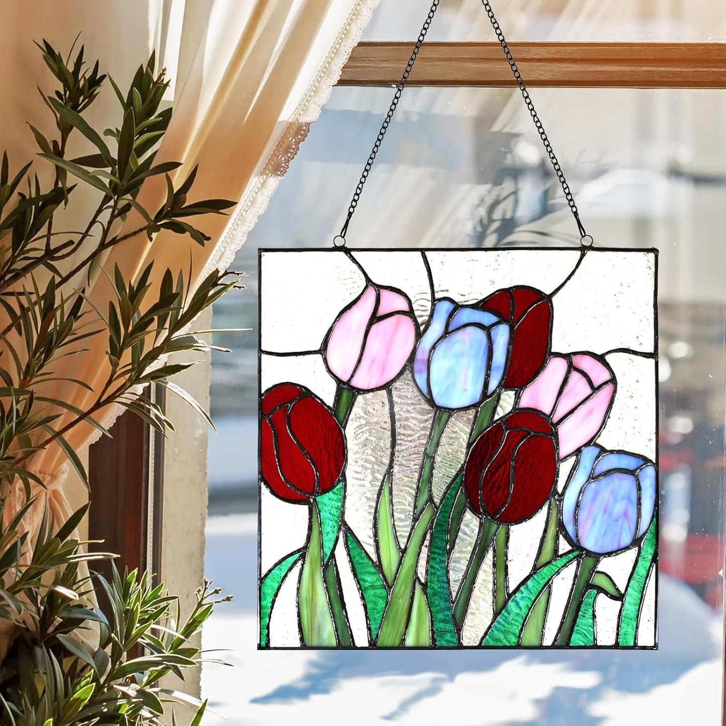 PA0004 Stained Glass Hanging Panel-12 Wx12 H Window Suncatcher Tiffany Style Window Ornament,Tulip Home Hanging Decorations